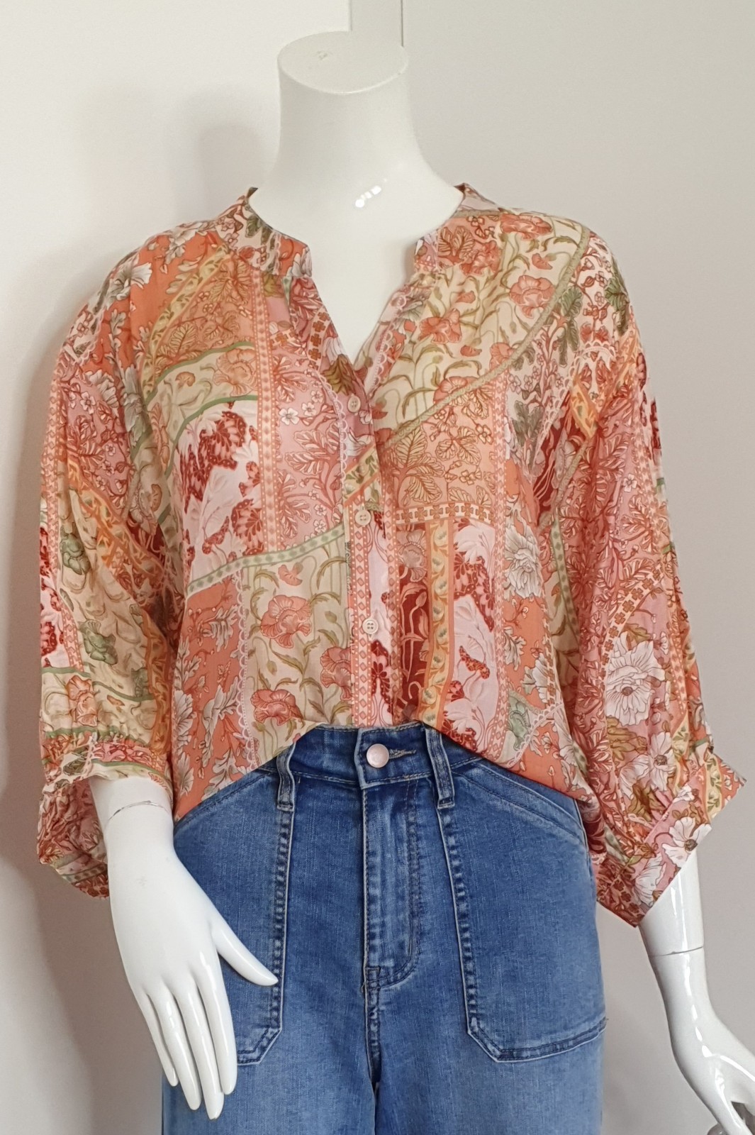 Caroline Morgan Sz 14-16 Boho Floral Patchwork Blouse 3/4 Slv Hi-Lo Hem BNWT
