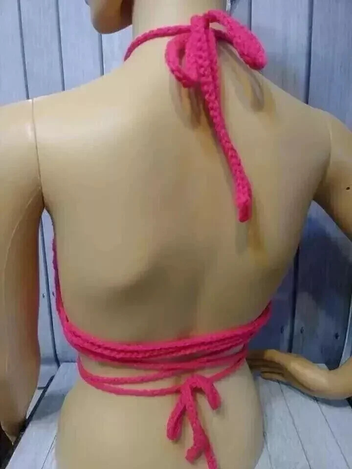 crochet handmade boho womans summer top festival M/L hot pink USA