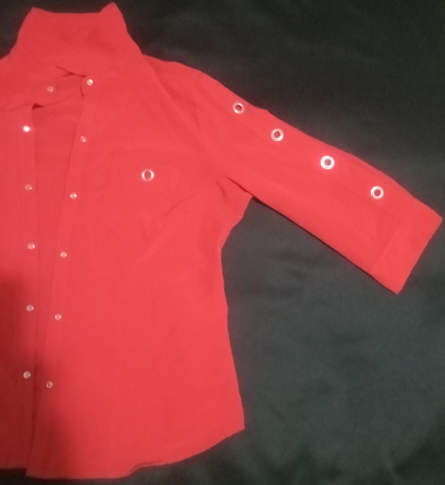Kathy Che Red Utility Button-Up Blouse Women’s Roll Tab Shirt Chest Pockets