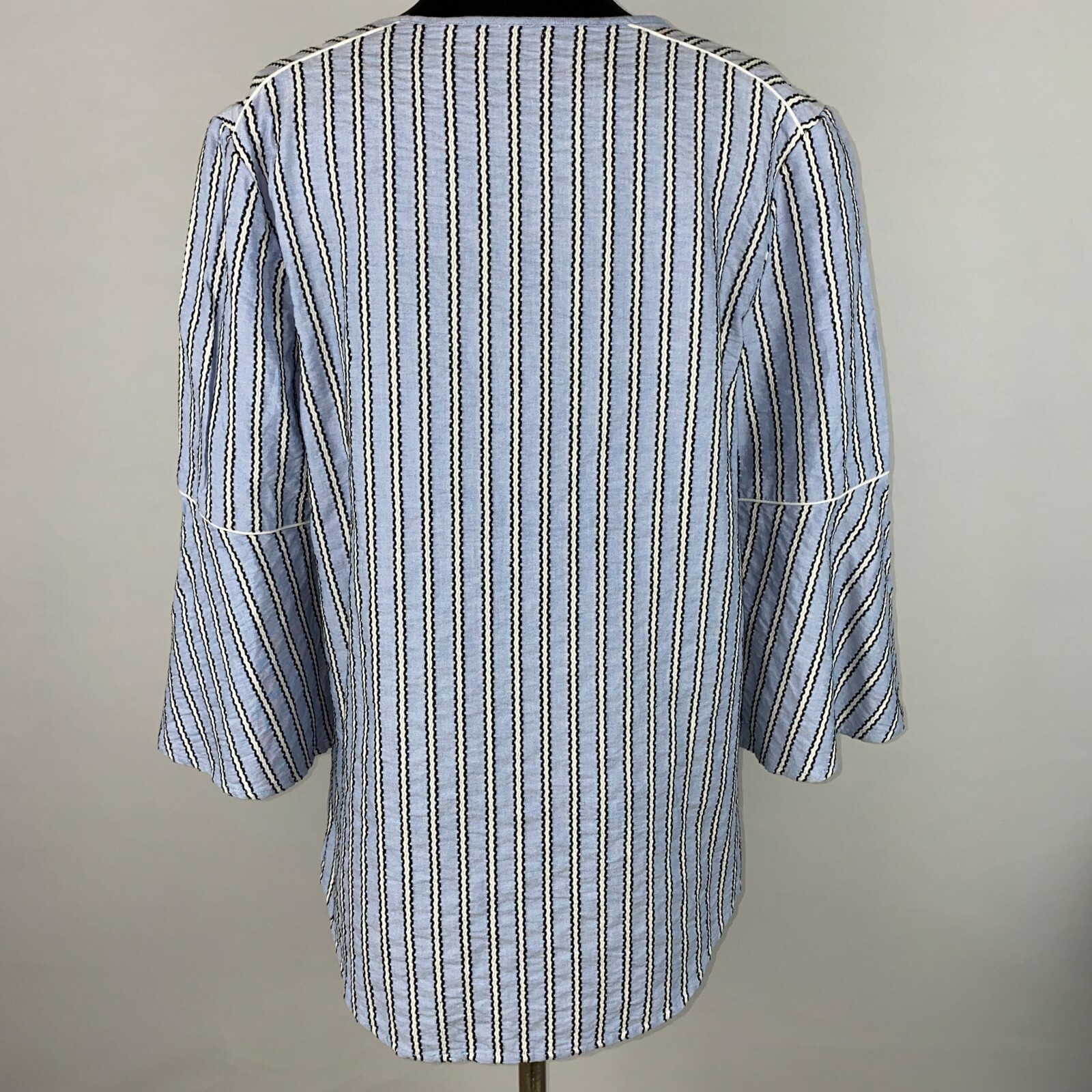 Isaac Mizrahi Live! US 12 Striped Split Neck Tunic Top Bell Sleeves Embroidered