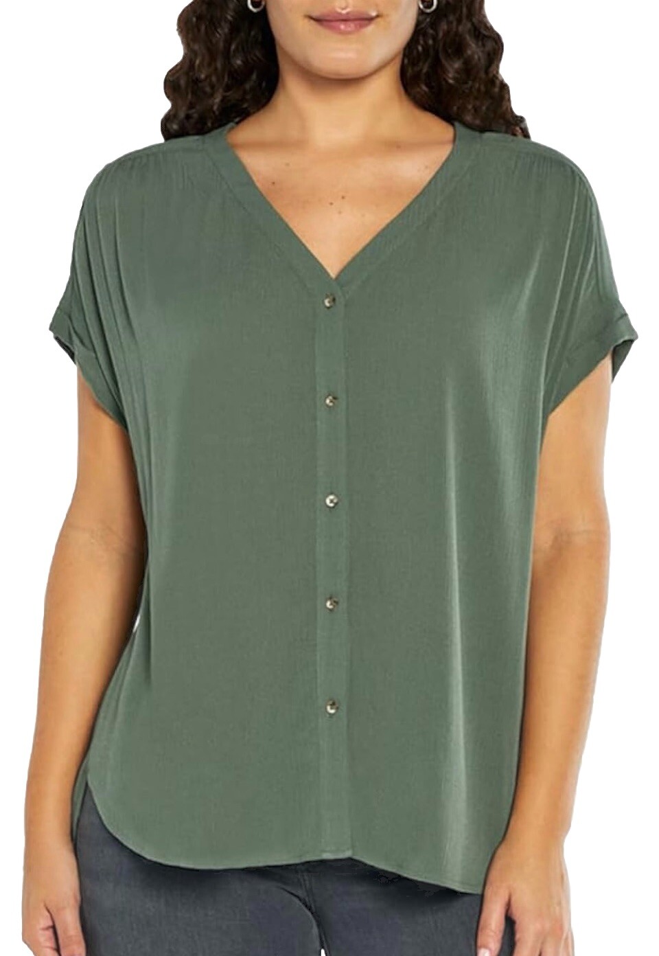 New Orvis Women’s Short Sleeve V-Neck Button Up Blouse Large L Green