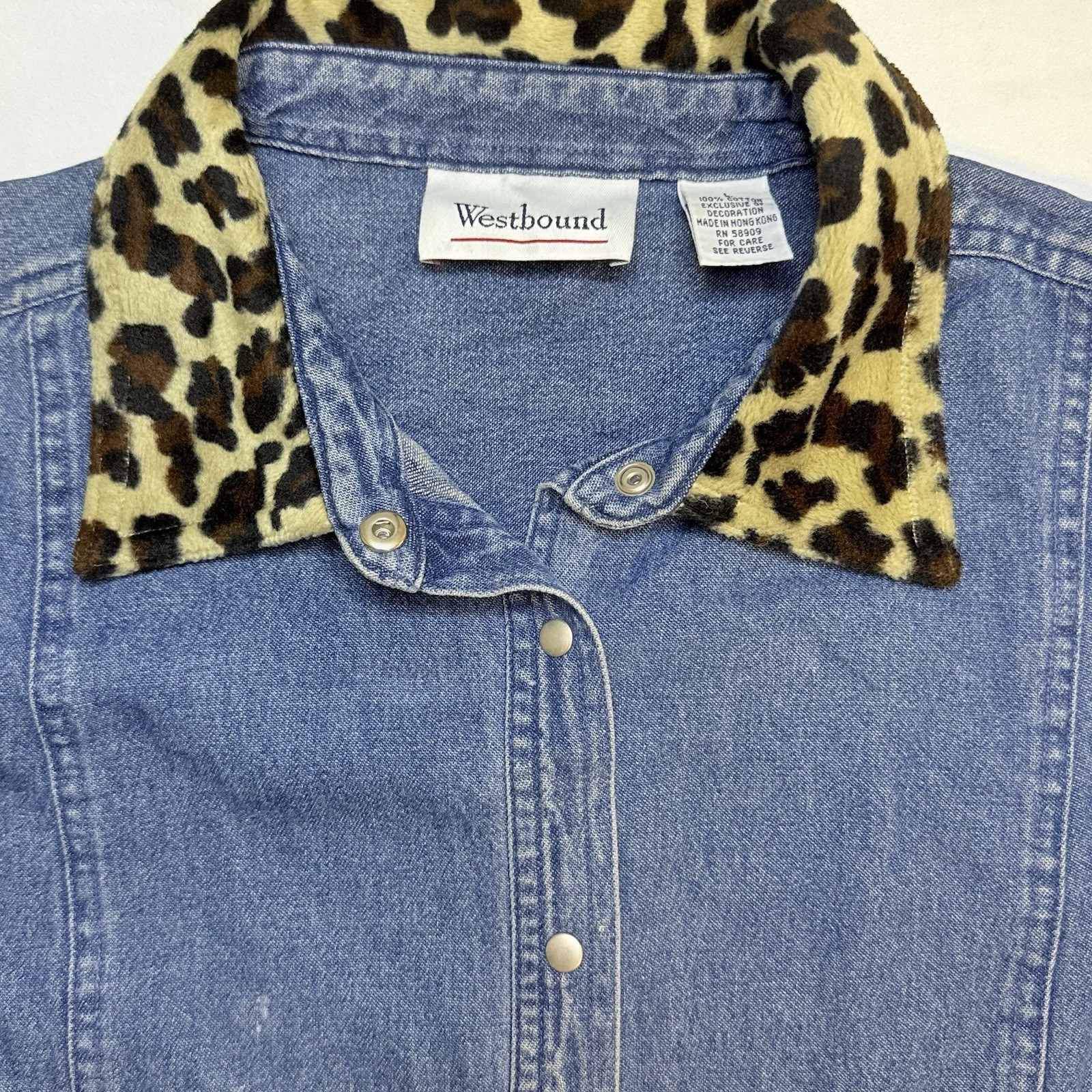 Y2K Denim Snap Button Shirt Leopard Print Collar Western Cowgirl Jacket Top L