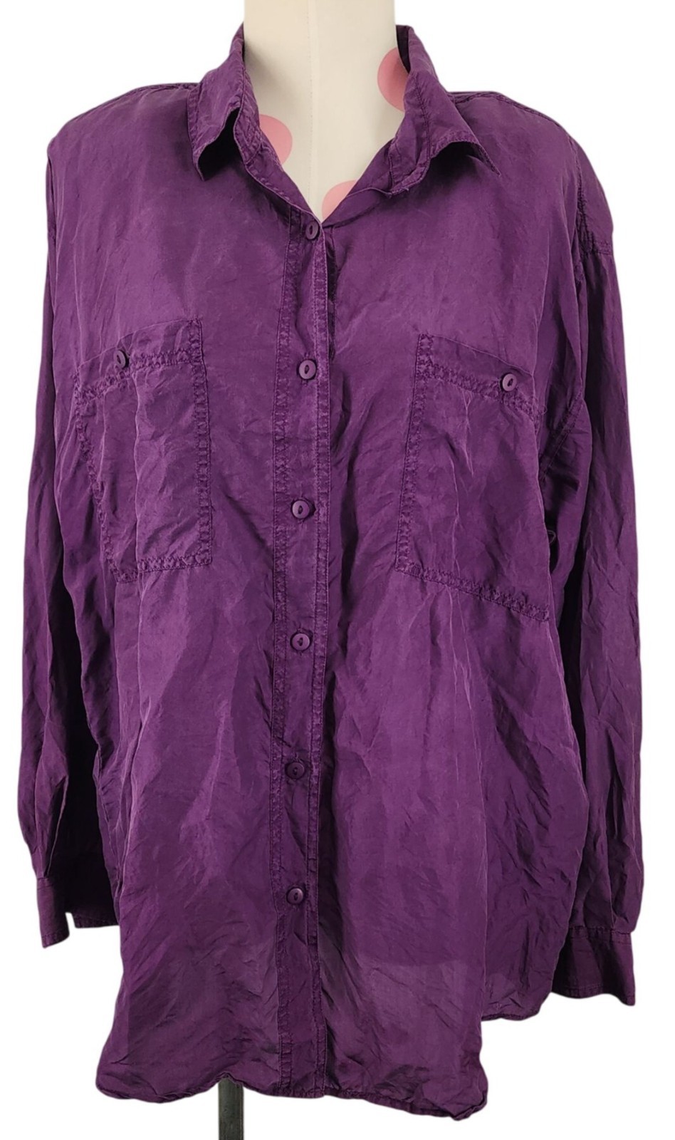 Women’s Vintage Silk Mist 100% Silk Purple Button Down Loose Fit Blouse Large