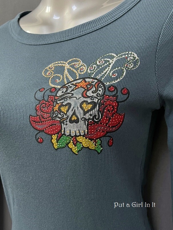 USA New VOCAL Womens BLUE CRYSTAL OLD SCHOOL SKULL HEARTS TATTOO SHIRT S M L