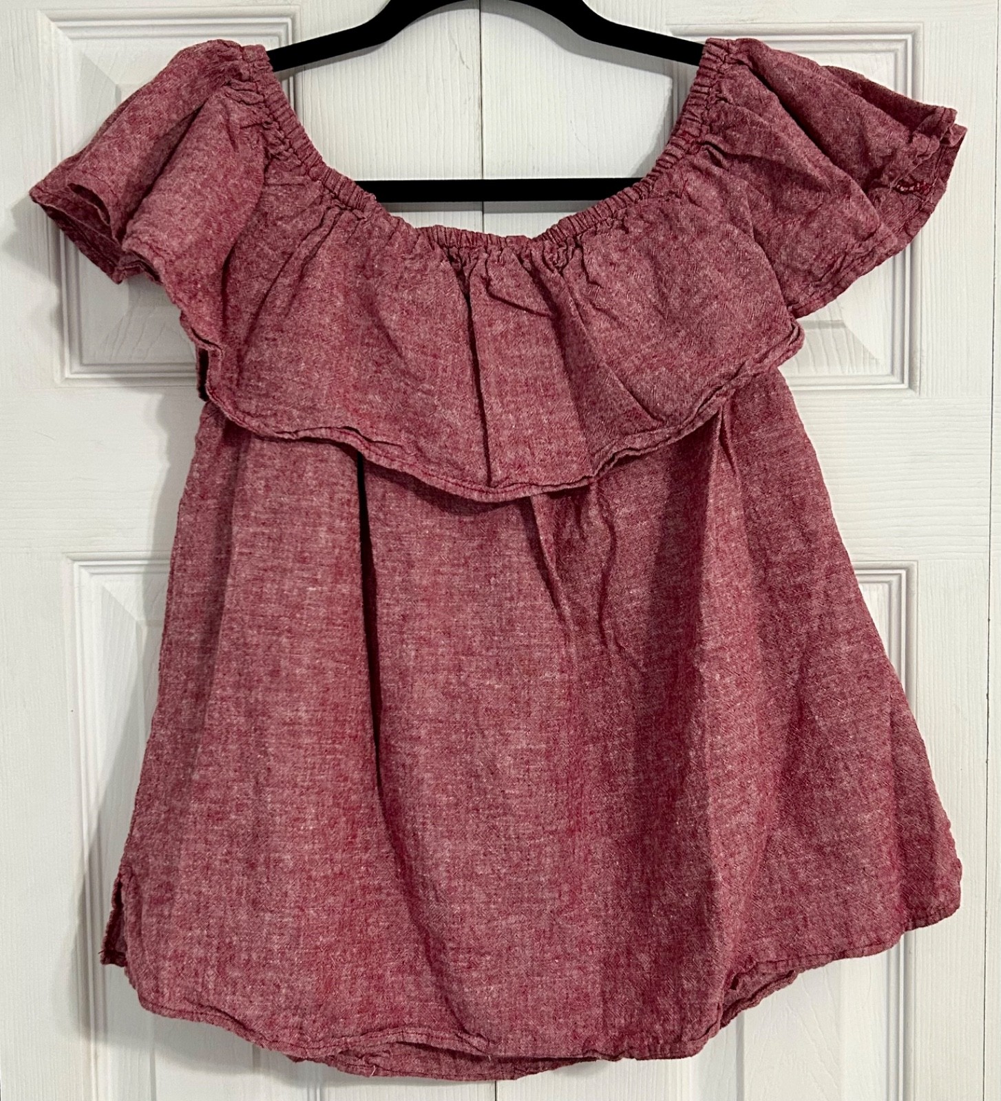 Harve Benard Shirt Women’s L Red Off Shoulder Ruffle Washable Linen Blouse