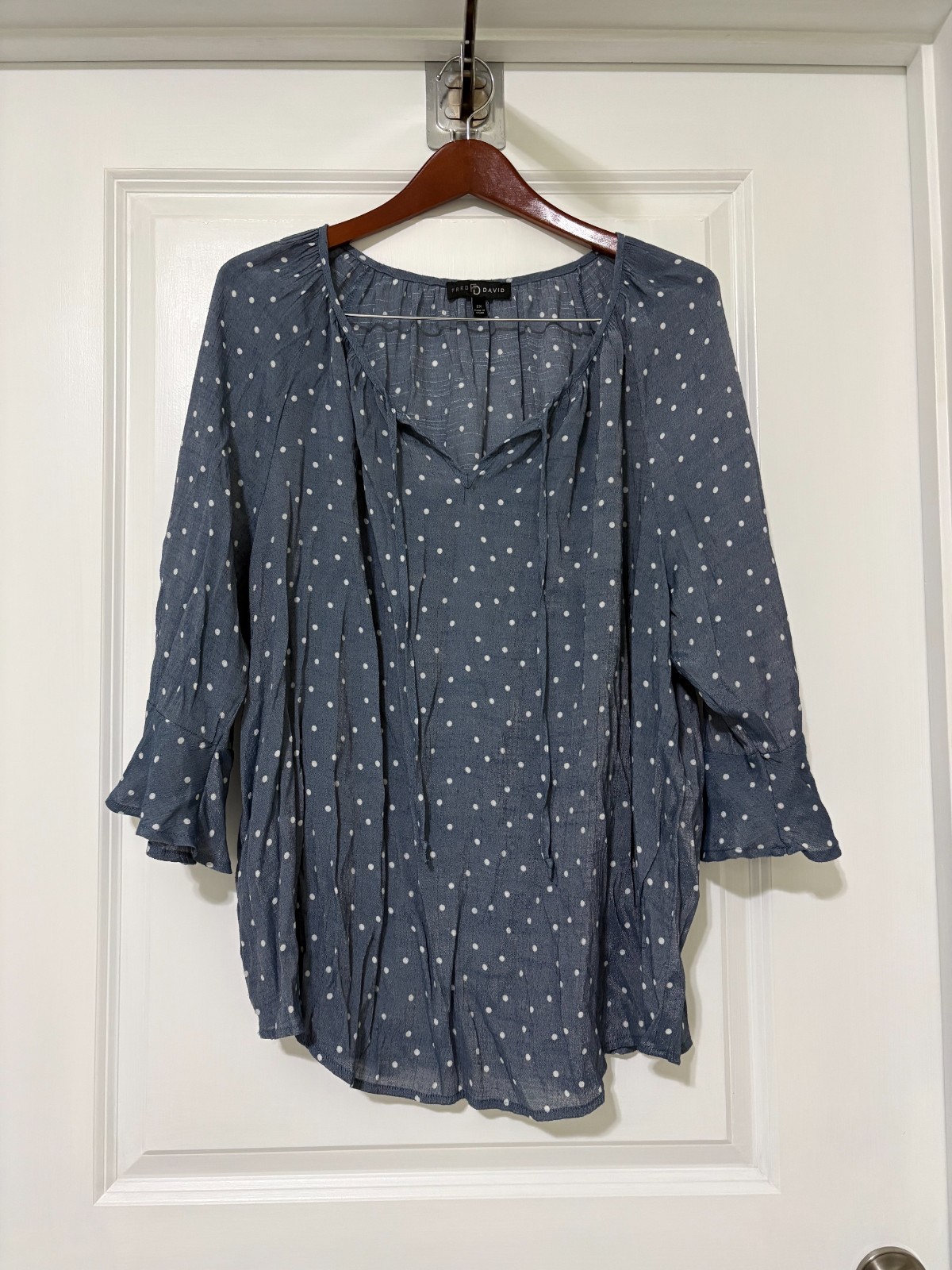 Fred David Dressy Grey Pull Over Blouse with White Poka Dots – No Iron – Size 2X
