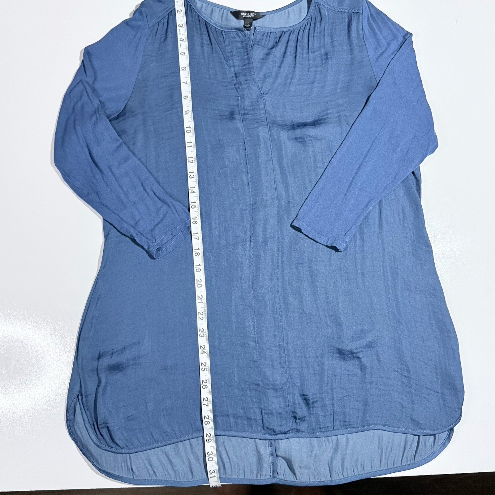 Blue Long Sleeve Tunic Top Lightweight Fabric Split Pleated Neck Hi-Low Hem Sz L