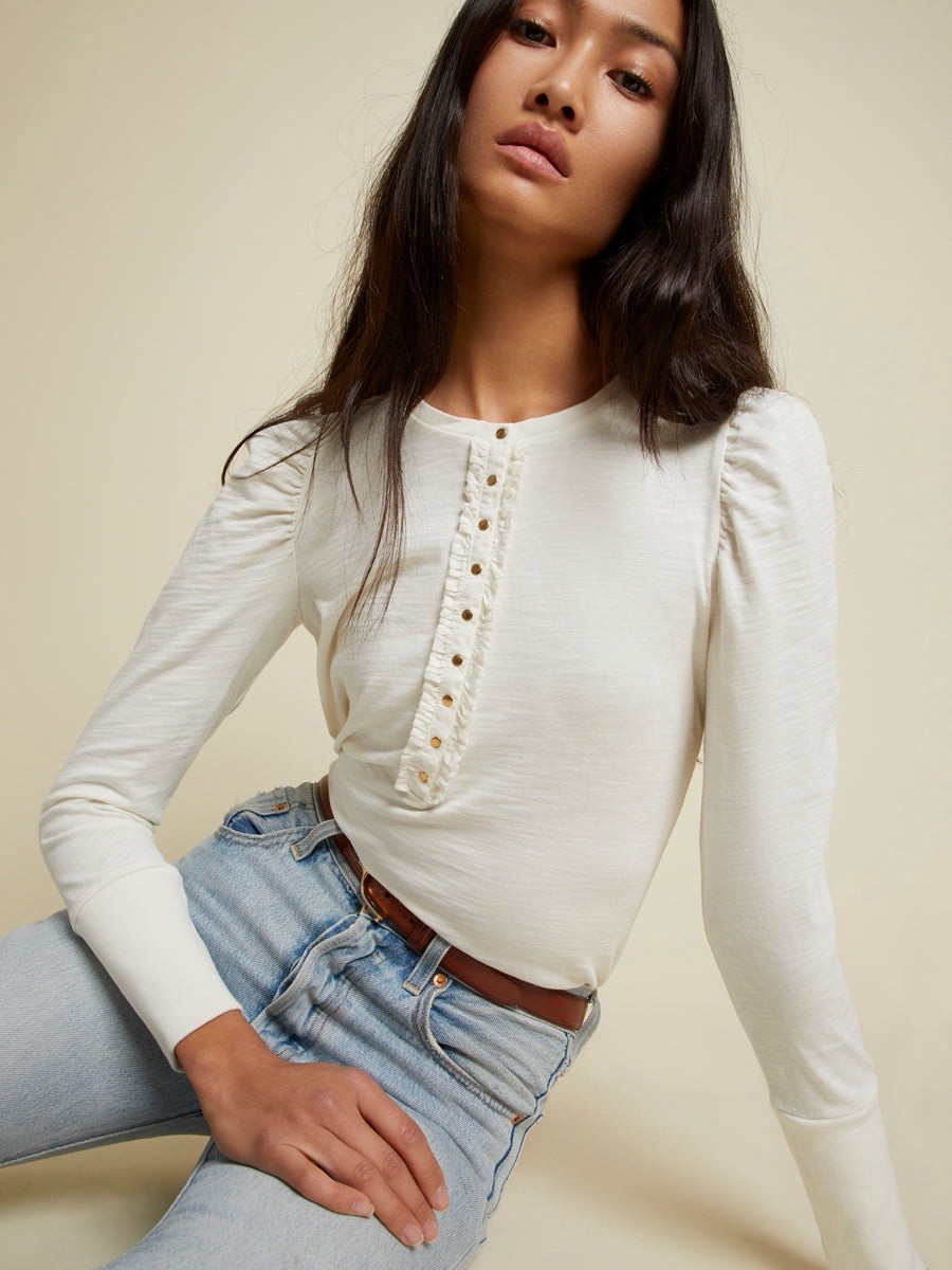 Nation LTD Clementine Delicate Ruffle Top Cream Puff Sleeve S Coquette Romantic