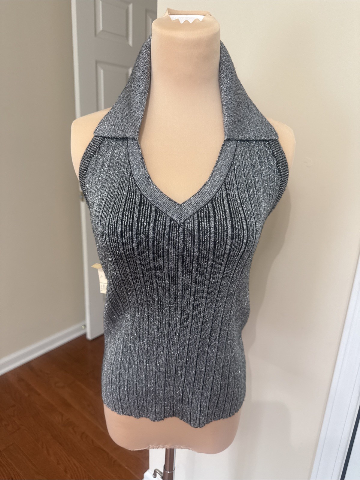 Halter Top Silver Sparkle w Collar Large Duel Knit Top