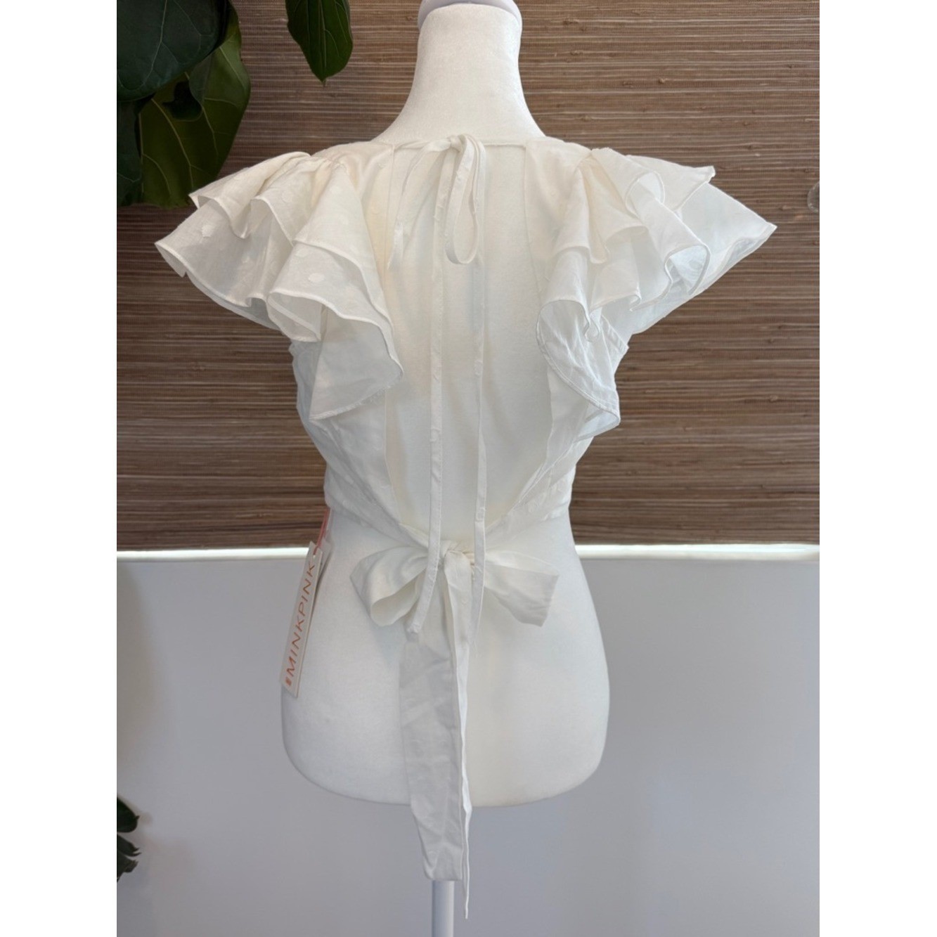 MinkPink White Flutter Sleeve Square NeckPolka Dot Crop Top- S