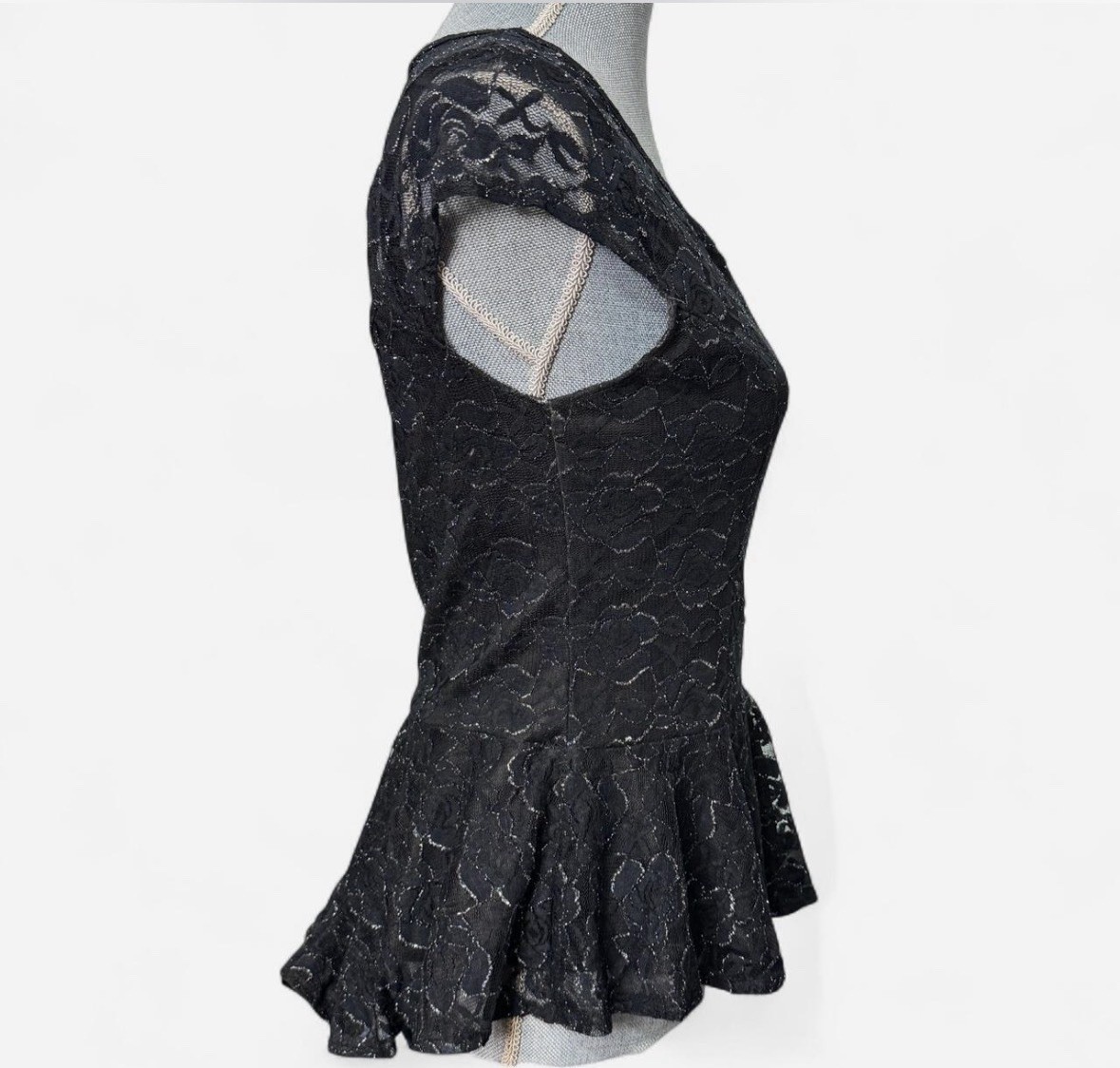 BCX Y2K Lace Peplum Top Goth Whimsigoth Open Back Stretch Evening Black Sz M
