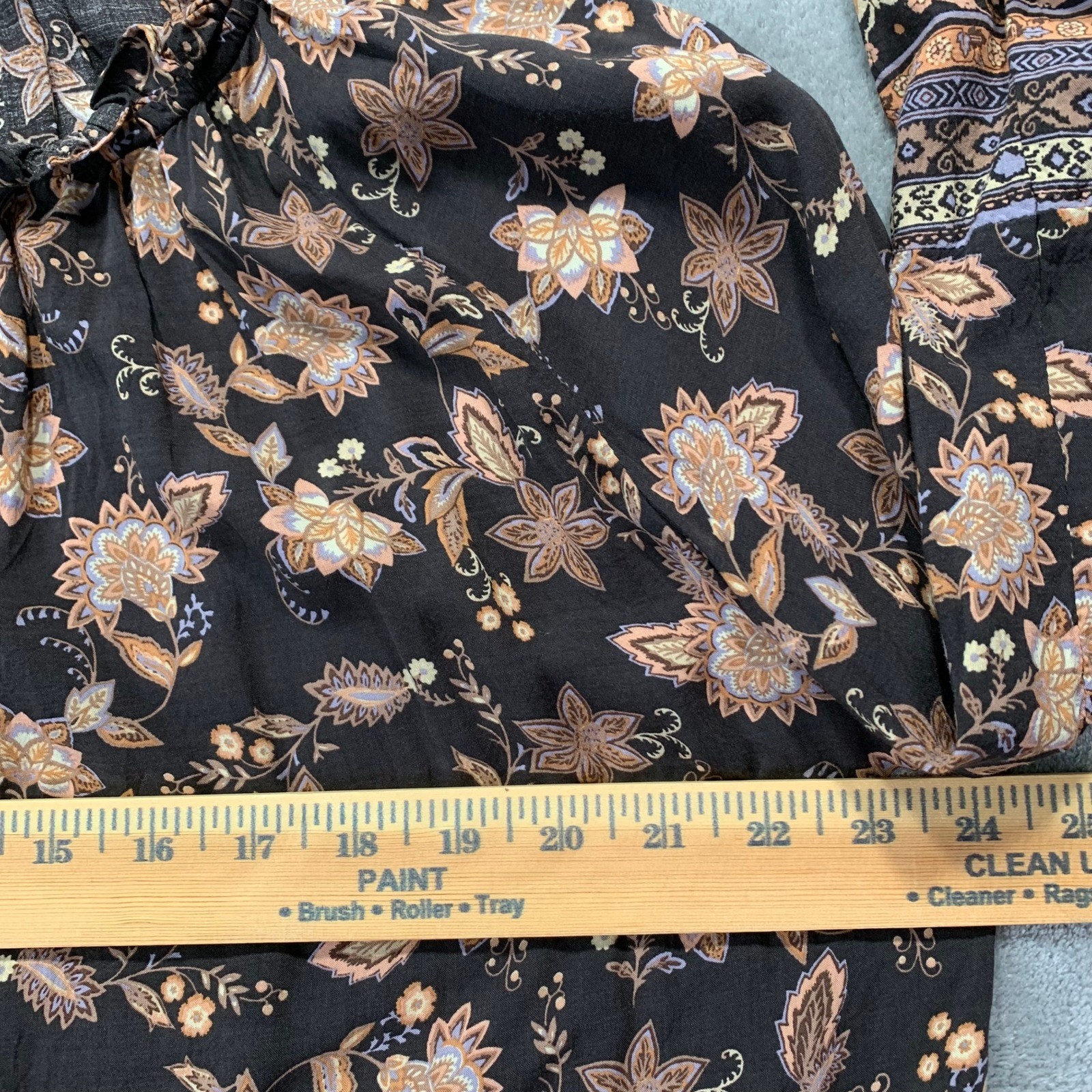 Boho Floral Peasant Top Oversized M Black Mixed Print Long Sleeve Tassel Tie