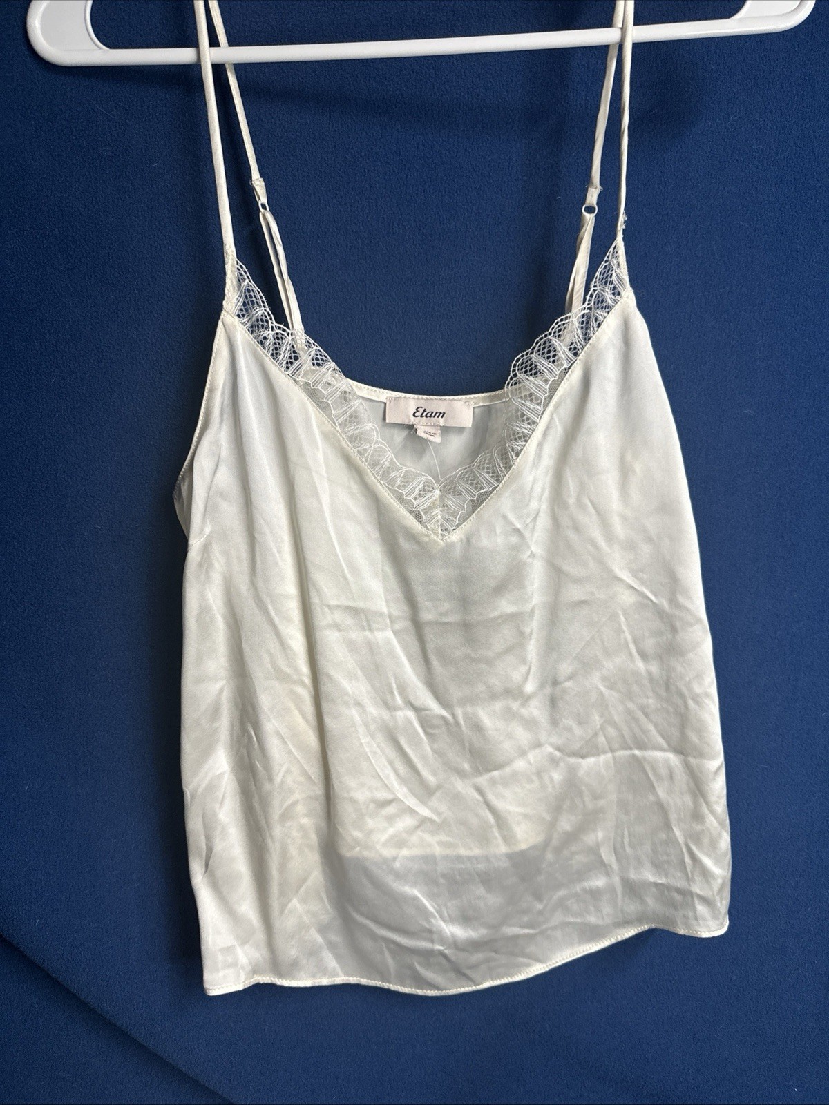 Etam Silk Lace Trim Pearl White Satin Camisole Size Small Womens