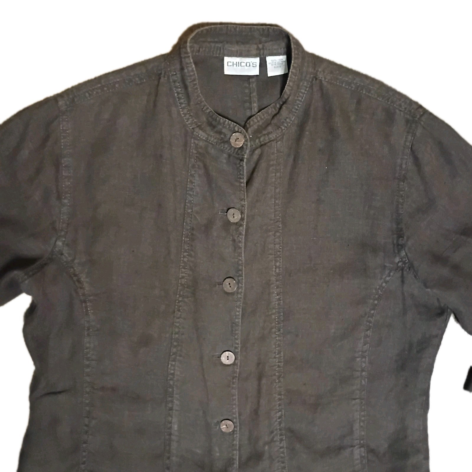 Chico’s 100% Linen Brown Shirt Jacket Blouse Coconut Shell Buttons Size 2 Large