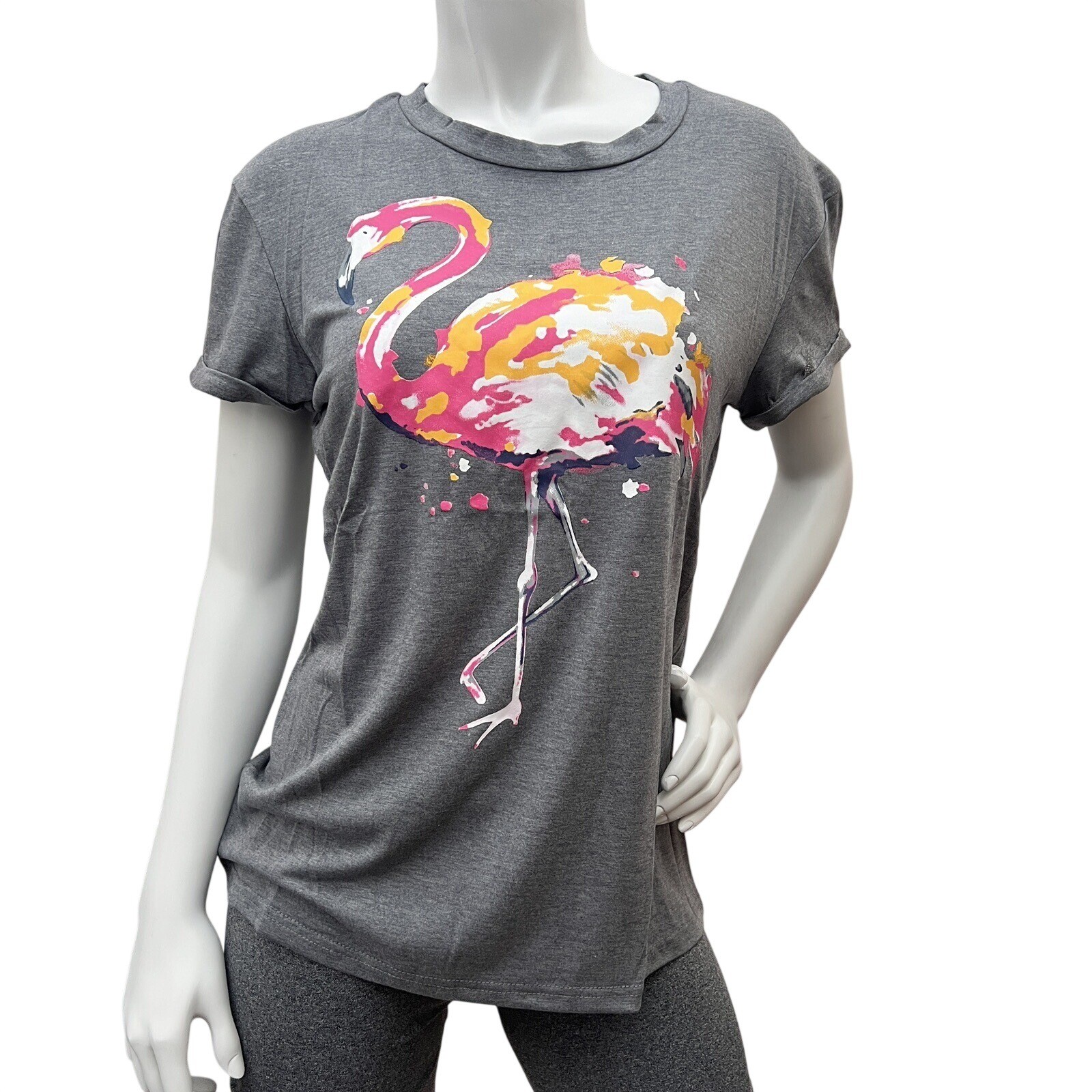 Women’s Short Sleeve Round Neck Loose Cute Animal Flamingo Print T-Shirt Top M