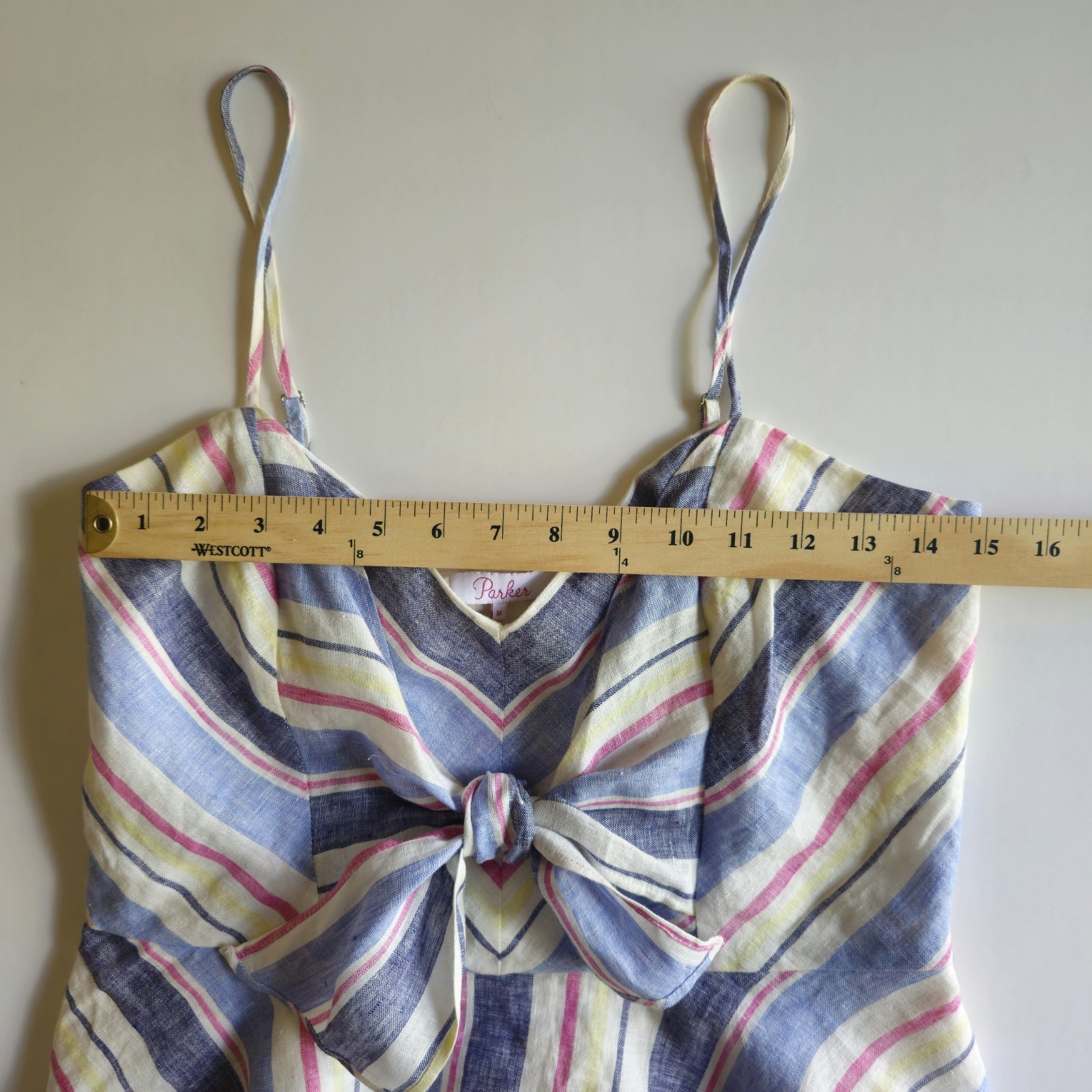 Parker Whitney 100% Linen Peplum Cami Top Tie Front V Neck Striped Sz M
