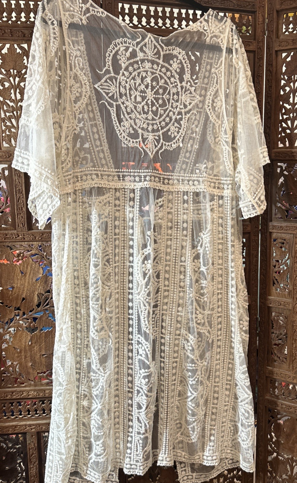 Sheer Ivory Lace Duster Tie Front Long Kimono Womens XL Goddess Romantic Boho