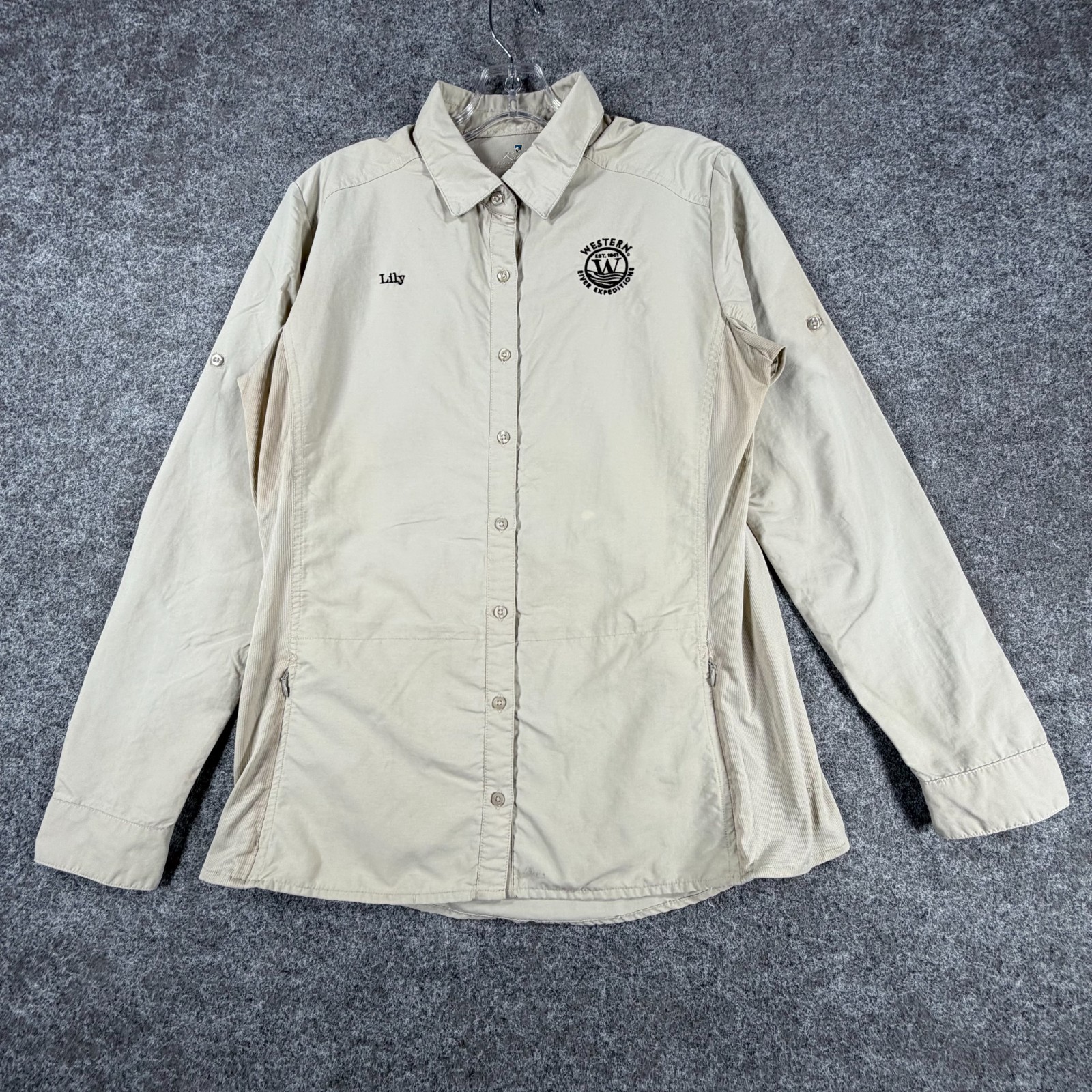 Kuhl Lily Hiking Shirt Womens Large Beige Western River Expeditions Button Up