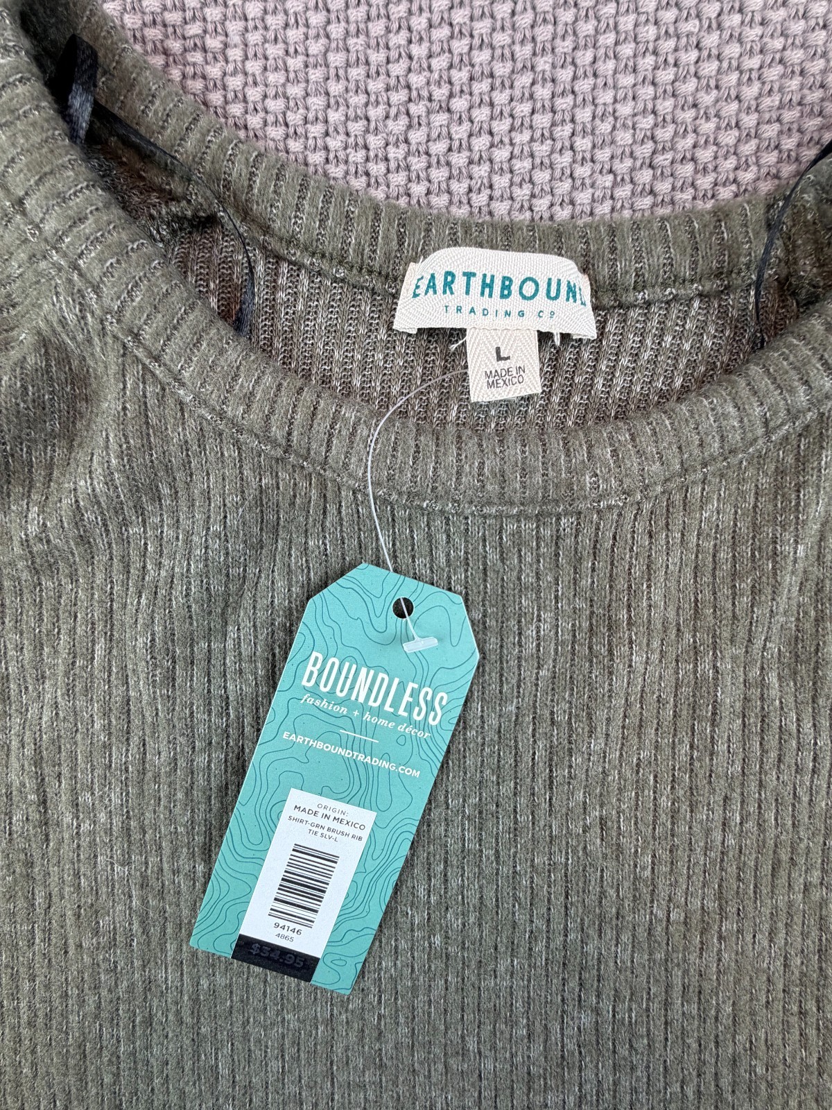 BOHO CHIC Earthbound Trading Co Moss Ribbed Bow Bell Sleeve Top Size L NWT