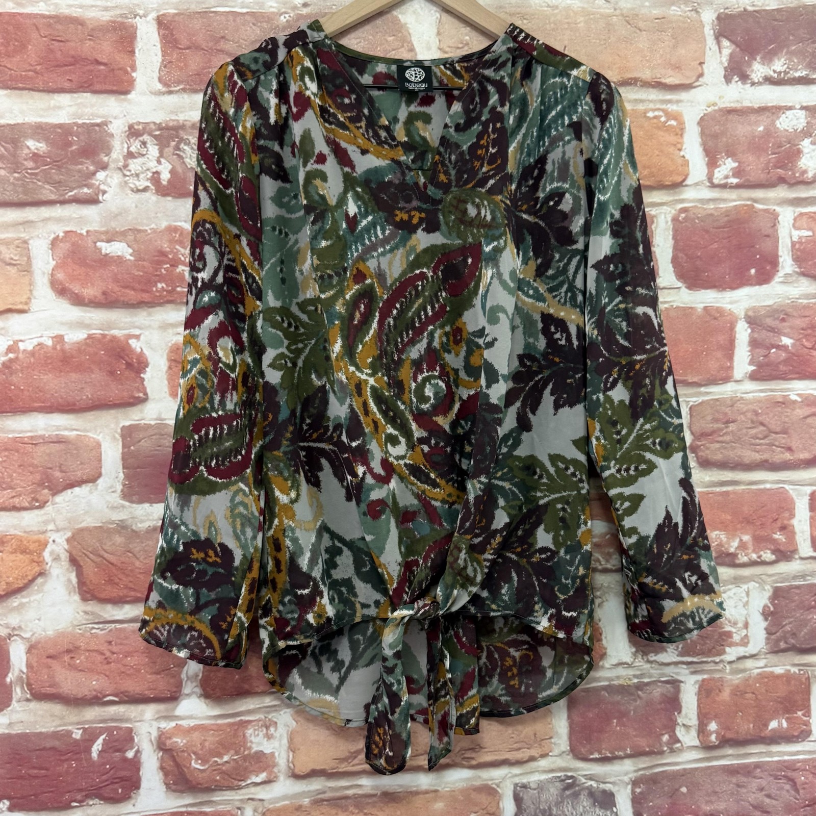 Bobeau Top Womens Medium Multicolor Boho Floral Tie Waist Sheer Casual Shirt