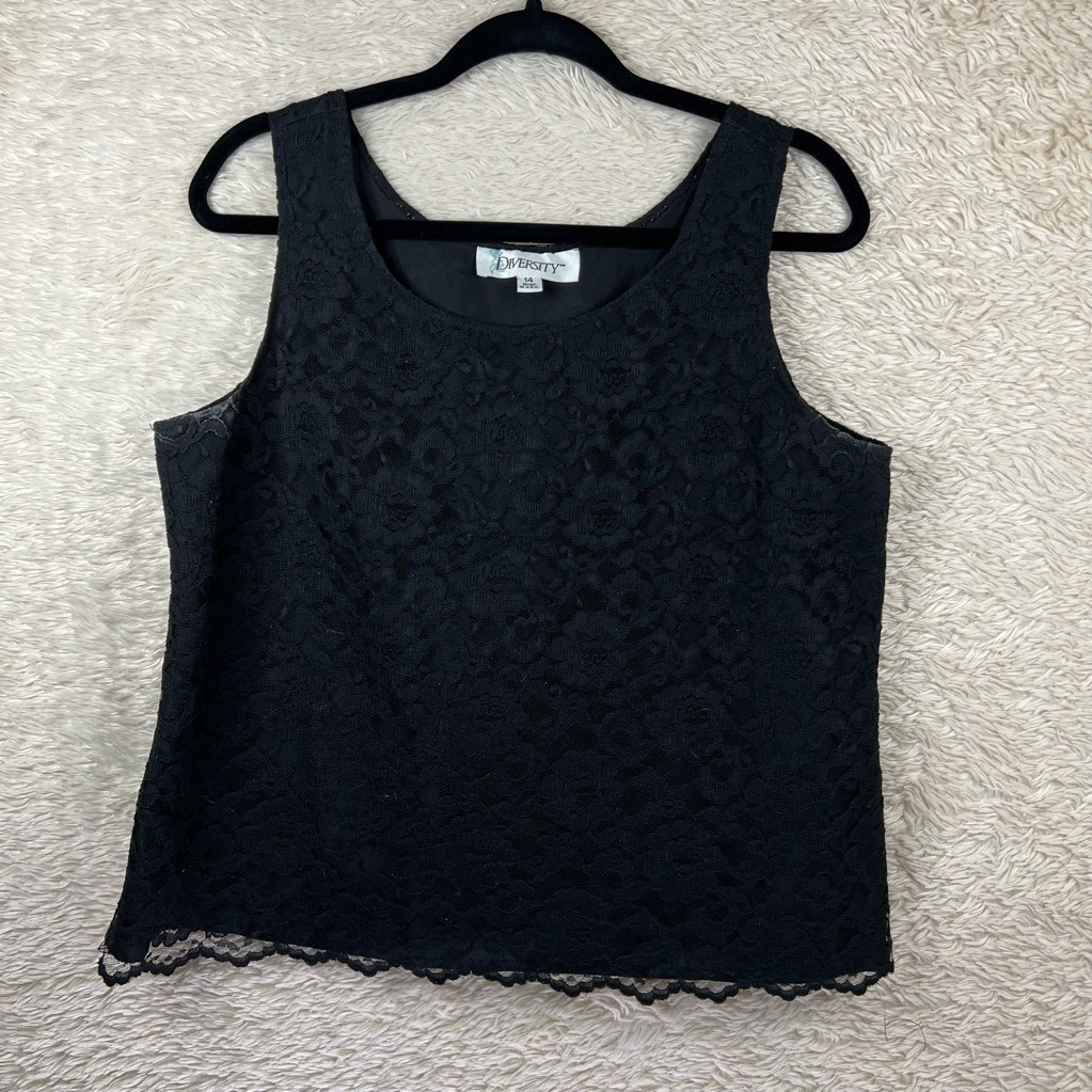 Diversity Blouse Tank Top Womens 14 Black Floral Lace Scoop Neck Lined Pullover