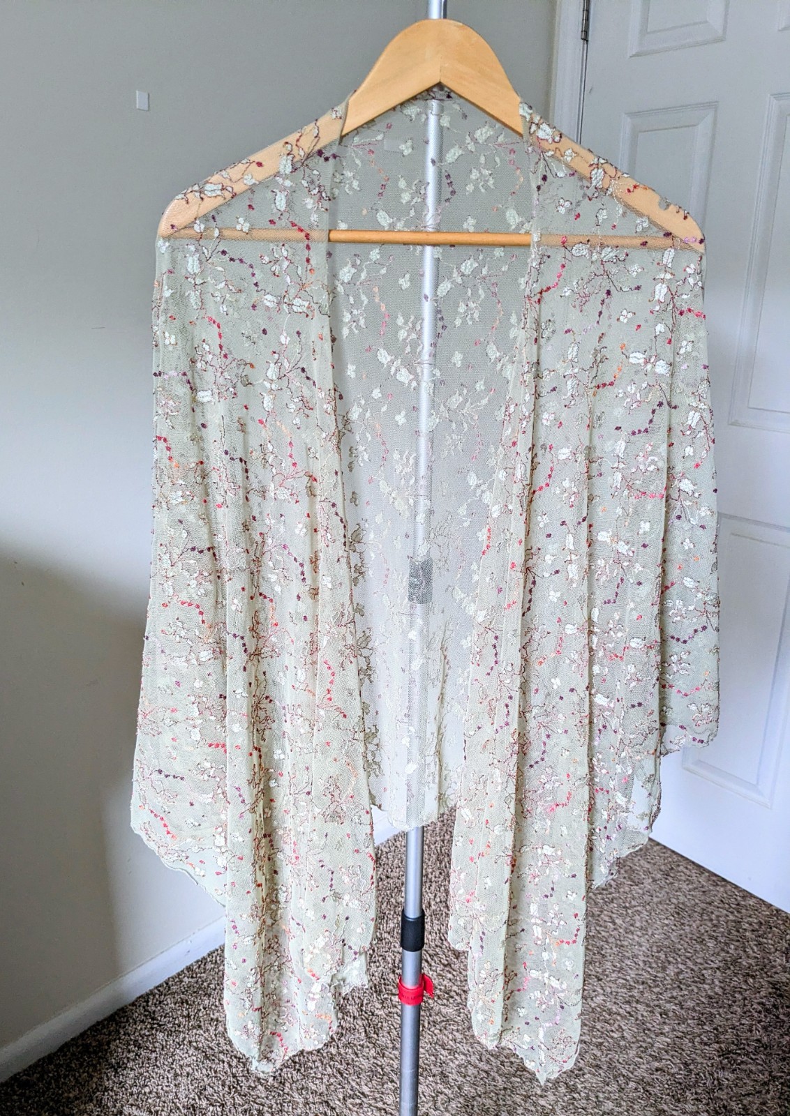 Sage Gray Lace Embroidery Floral Kimono Sheer Cardigan Open Boho Cover Up Duster