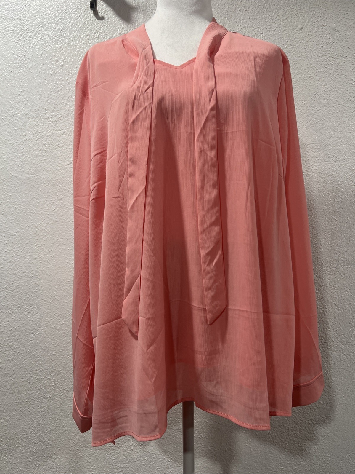 Acevog Size 2XL Womens Peach Front Tie V-Neck Sheer Long Sleeve Flowy Blouse 979