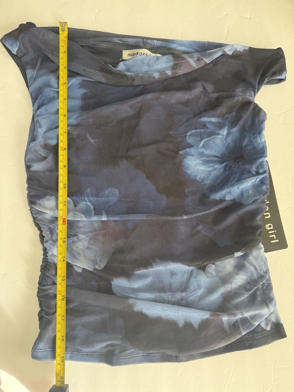 Madden Girl One Shoulder Ruched Floral Mesh Stretch Cami Top Blue/Gray – M