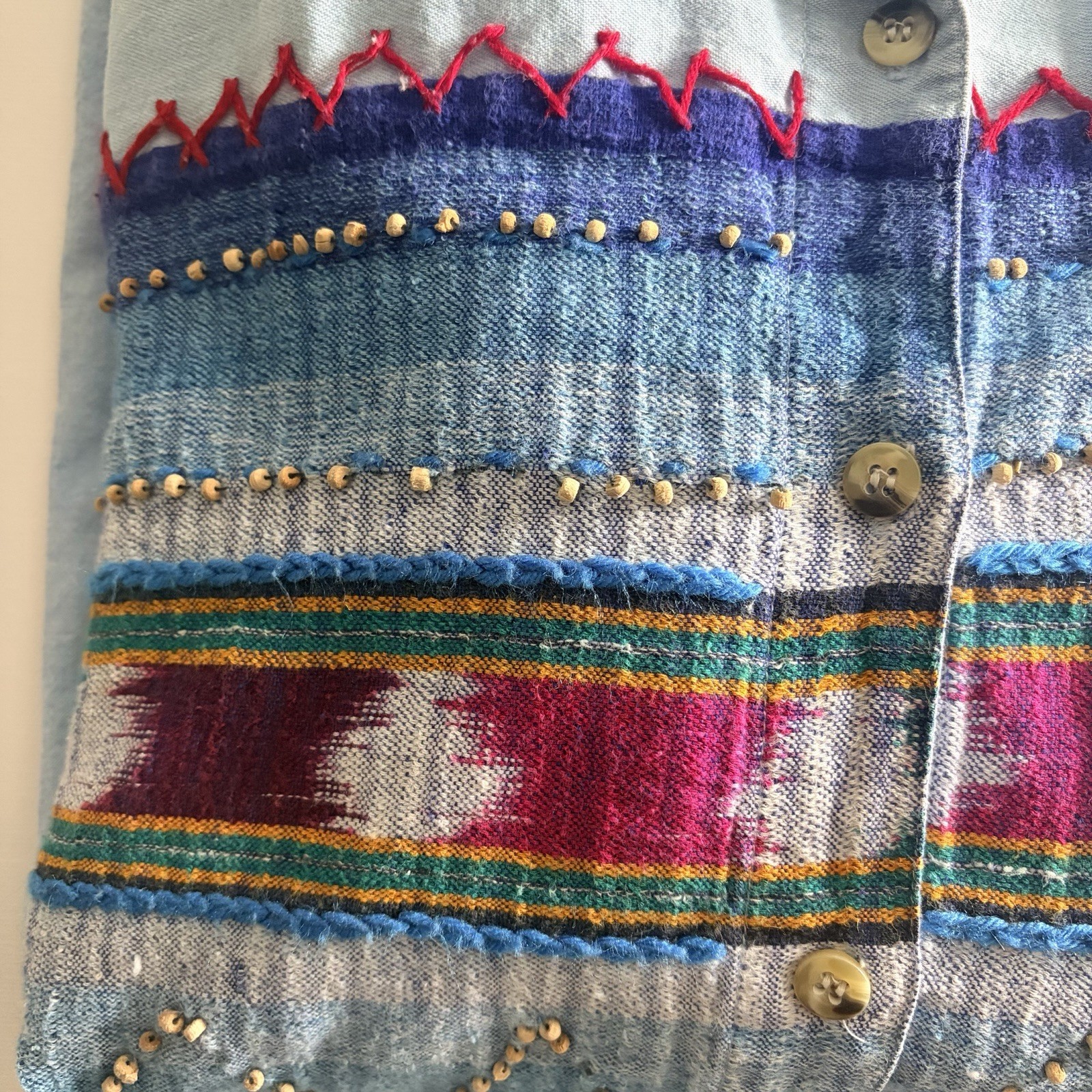 Vintage Casey & Max Southwestern Denim Shirt L/S Embroidered Bead Accents Large