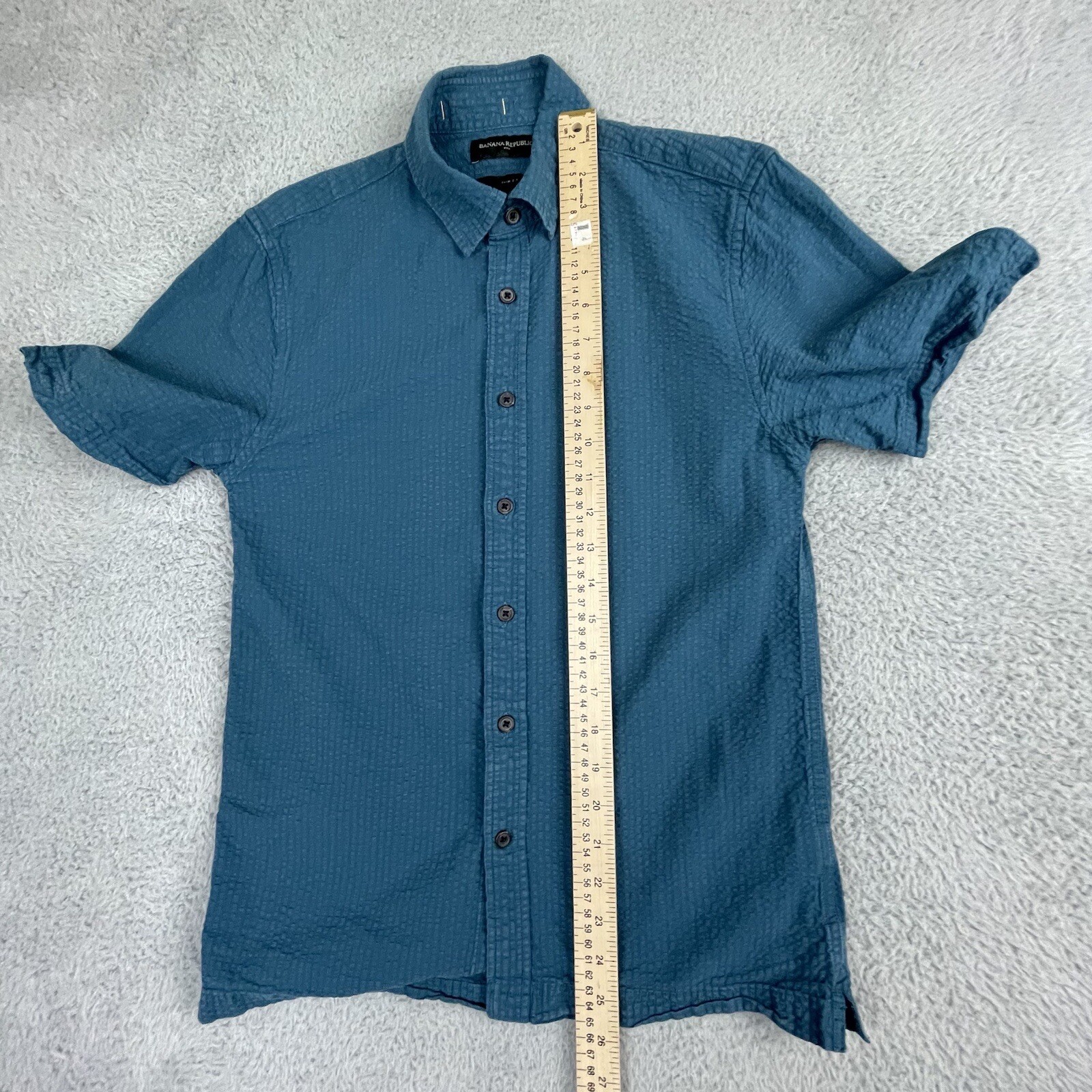 Banana Republic Searsucker Shirt Women Extra Small XS Teal Slim Fit Button Up