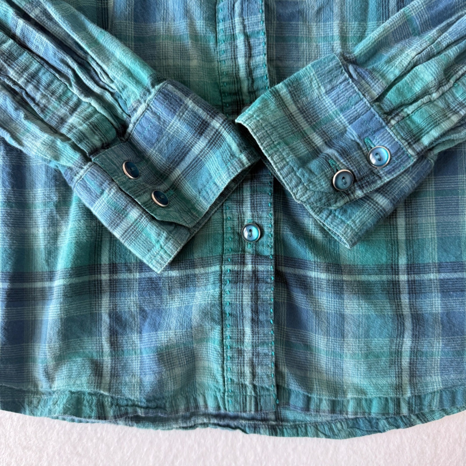Prana Plaid Cotton Button Up Shirt Womens L Teal Green