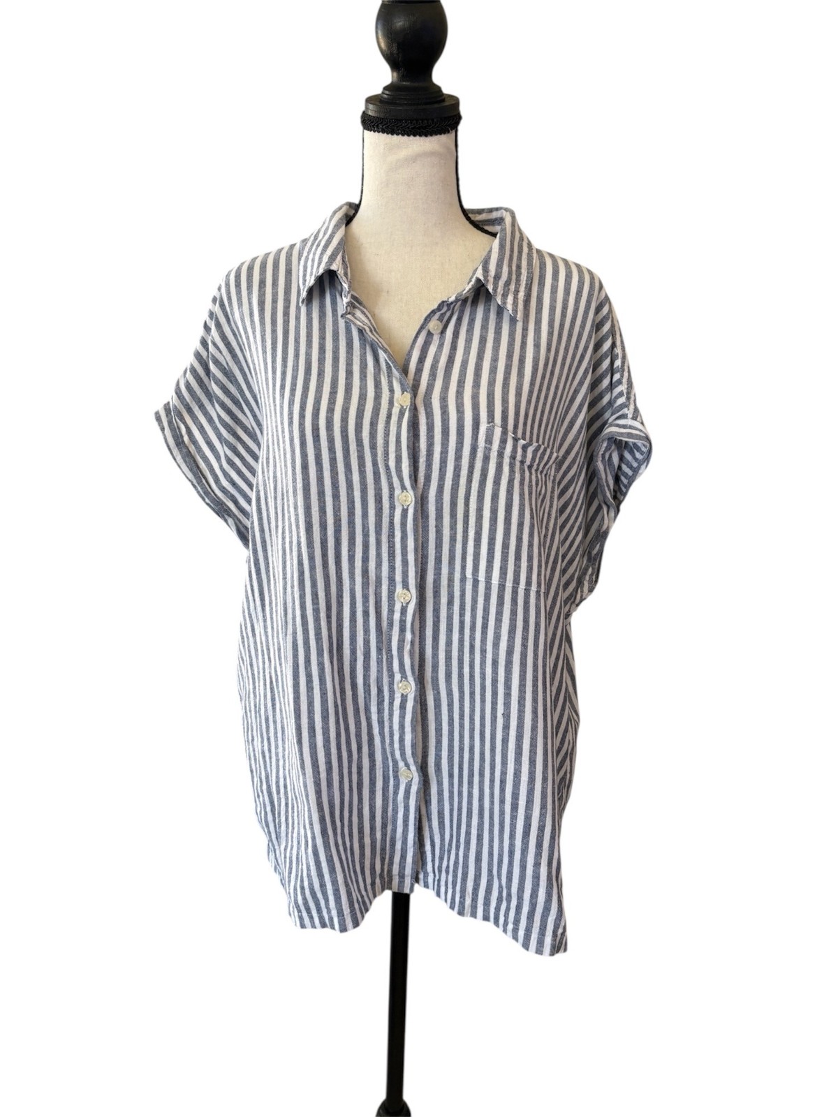 Women’s Linen Blend Orvis Blue & White Stripe Classic Button up Blouse Size XL