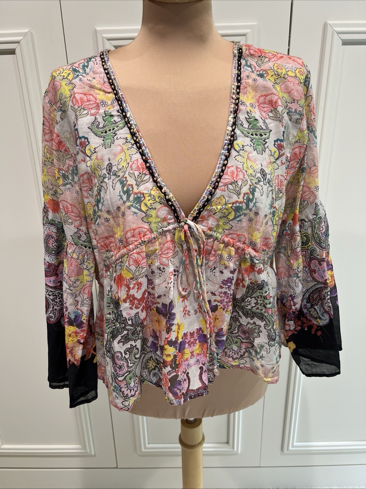 Natural Life Floral Babydoll Top XL Sequin Bell Sleeve Boho Festival Cropped
