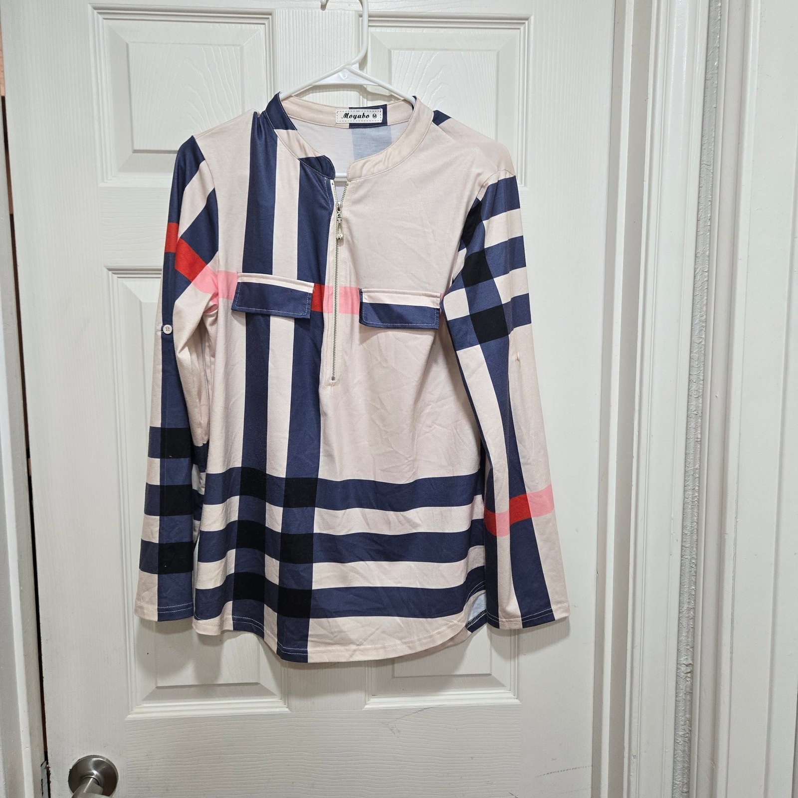 Moyabo Womens Plaid Colorblock Zip Neck Top M Long Sleeve