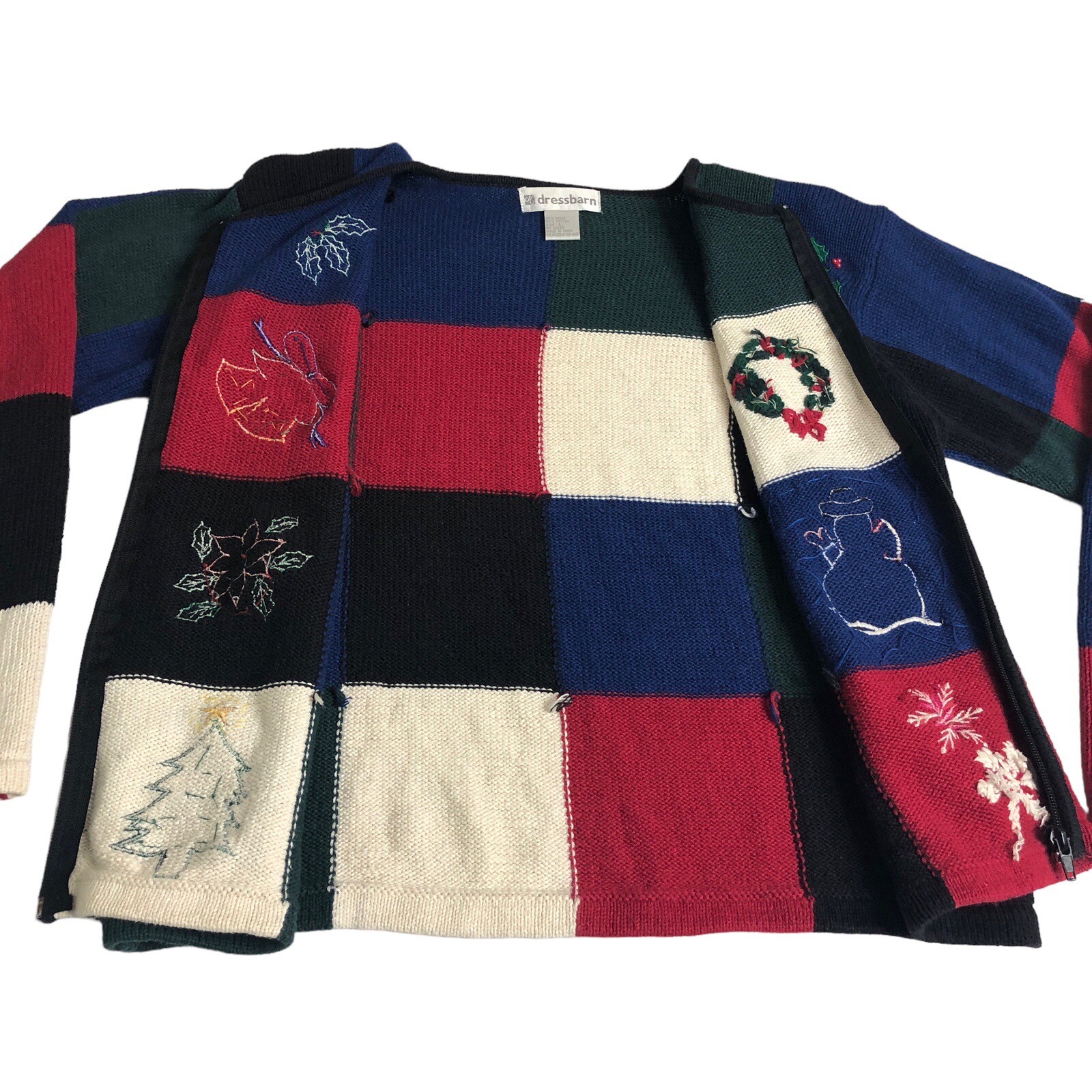 Vintage Dressbarn Christmas Cardigan Sweater Women L Knit Patchwork Sequin Zip