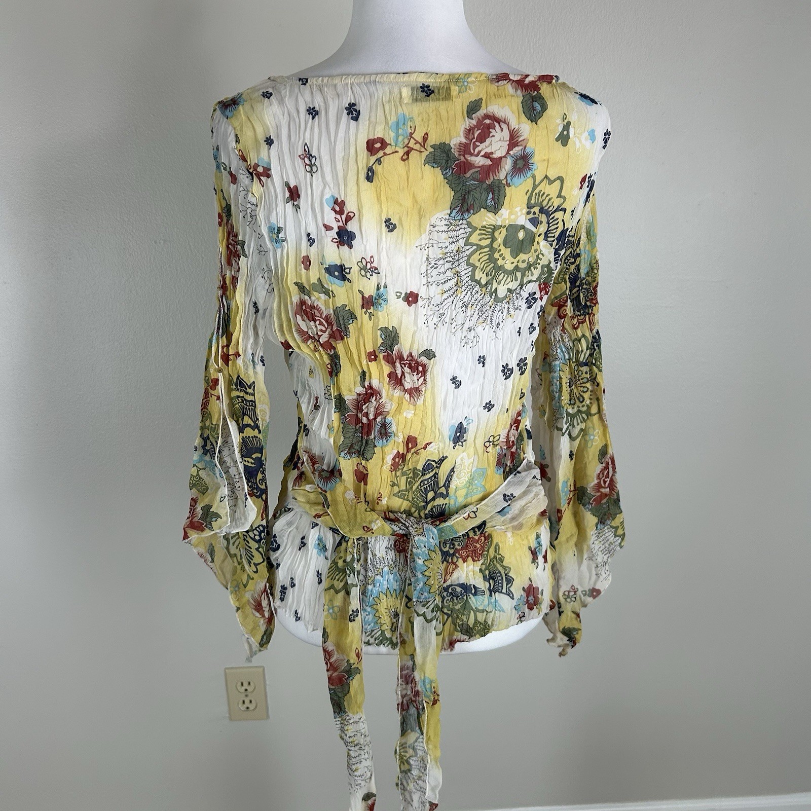 Vintage Pleated Crinkled Flare Sleeve Blouse M/L Whimsy Fairy Sequin Top Y2K