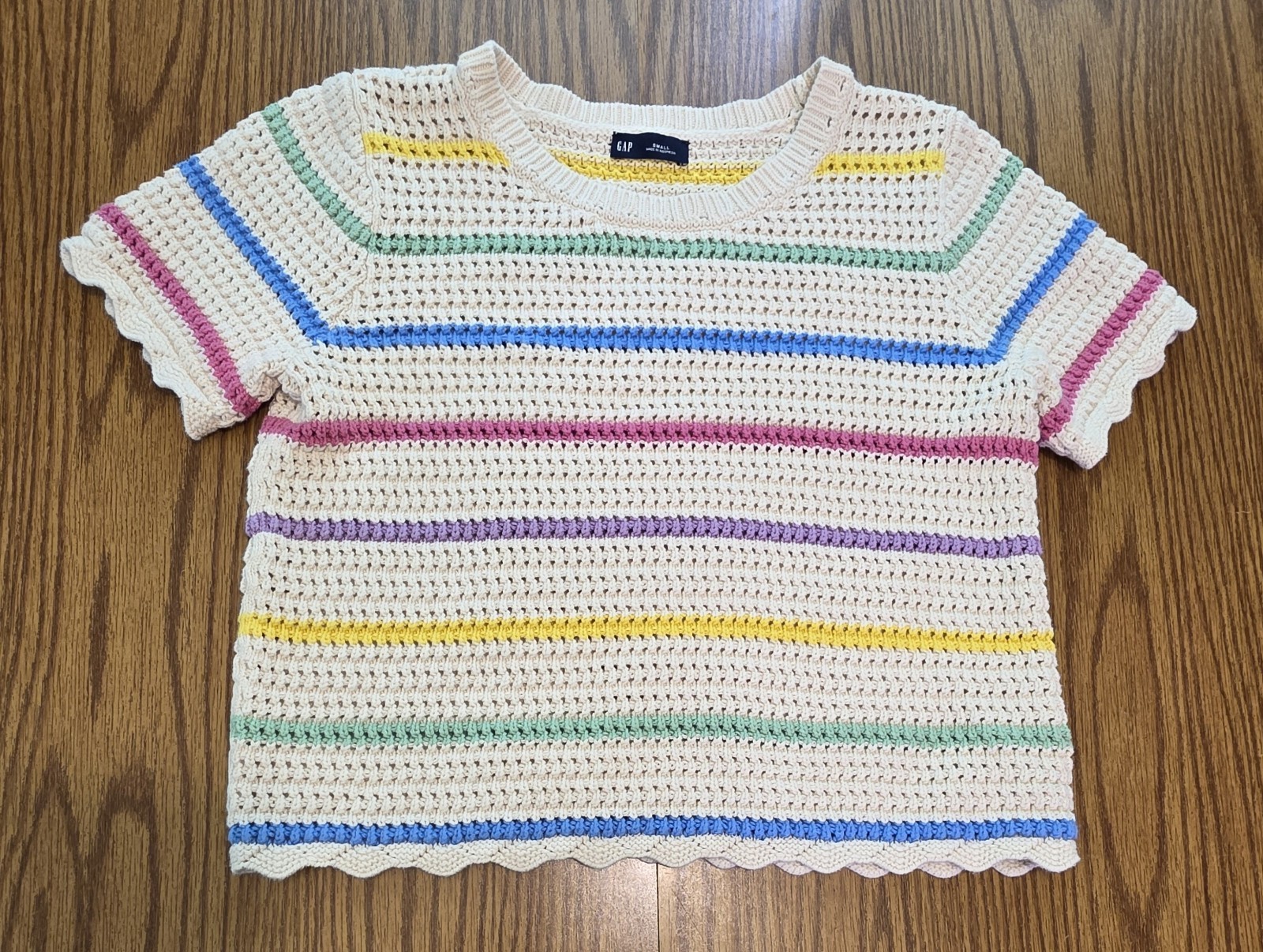 Gap Crochet Knit Top Womens Small Cream Multicolor Stripe Short Sleeve Cotton