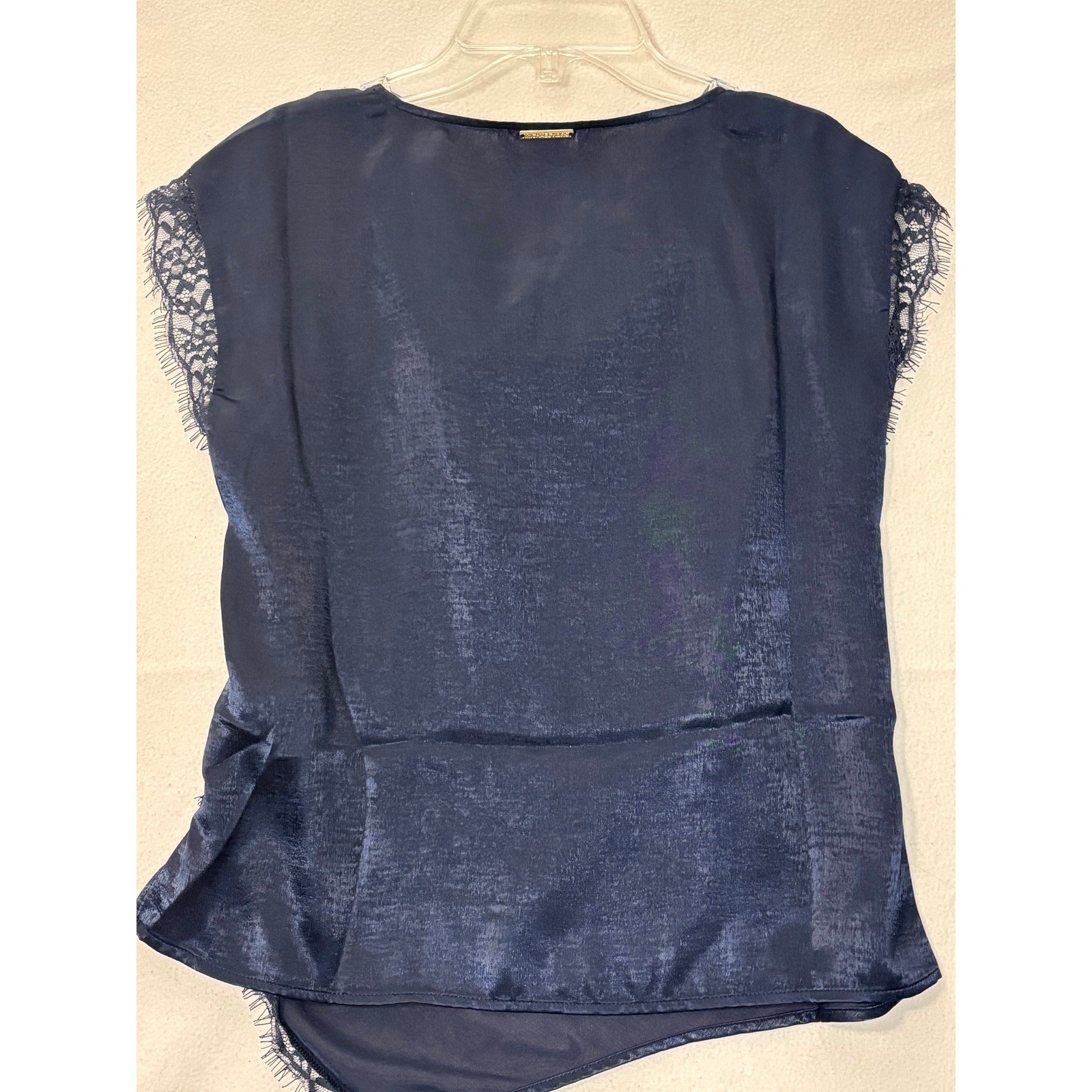 Michael Michael Kors Lace Trim Cowl Neck Blouse Midnight Blue Satin Top NWT