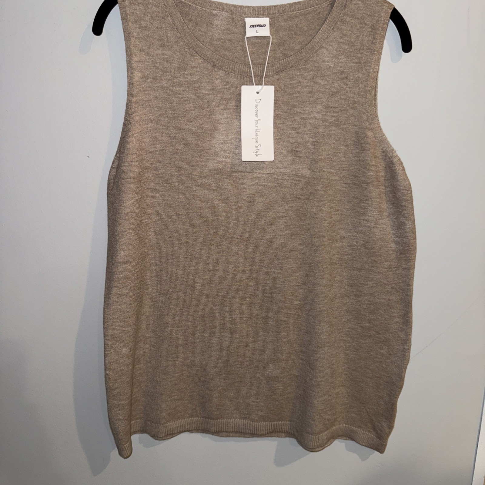 Xieerduo Womens Knit Sweater Tank Top Tan Taupe Sleeveless Crew Neck Large NWT