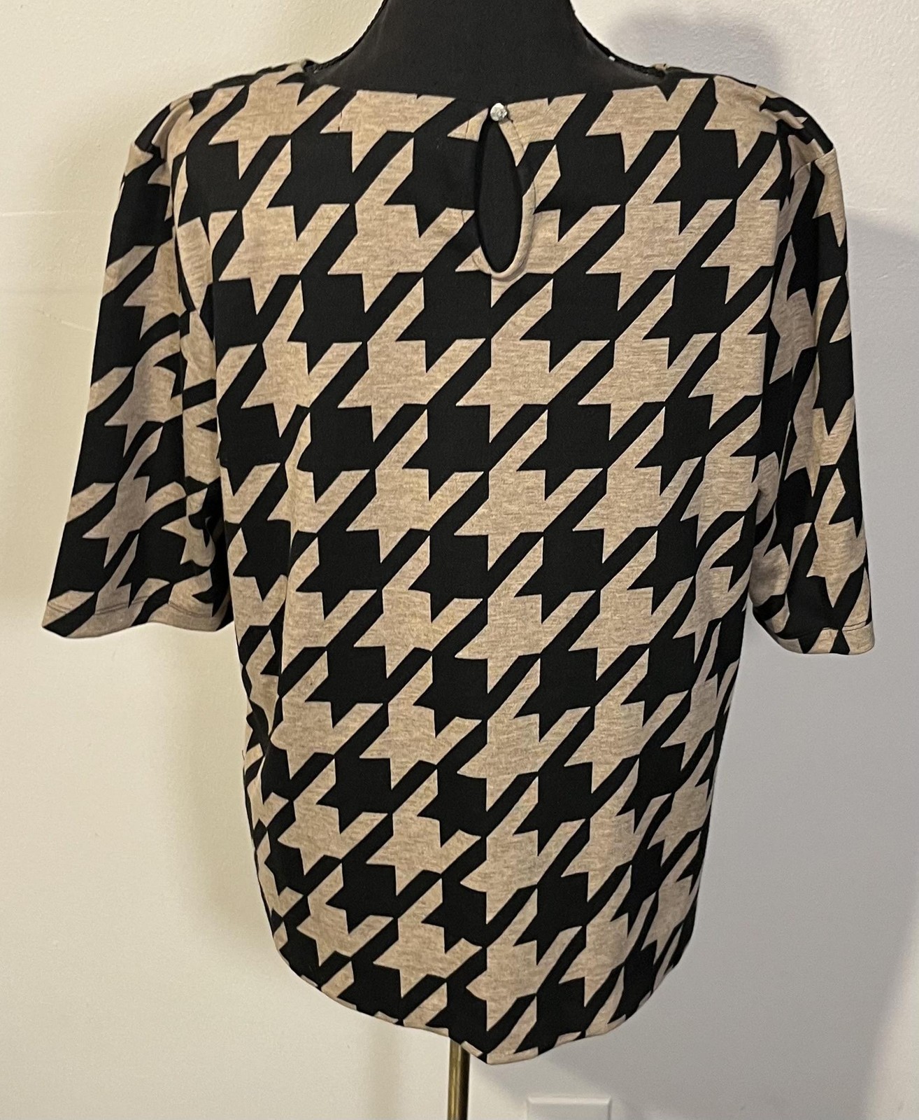 Liz Claiborne Blouse Womens XL Black Tan Houndstooth 3/4 Sleeve Stretch Top