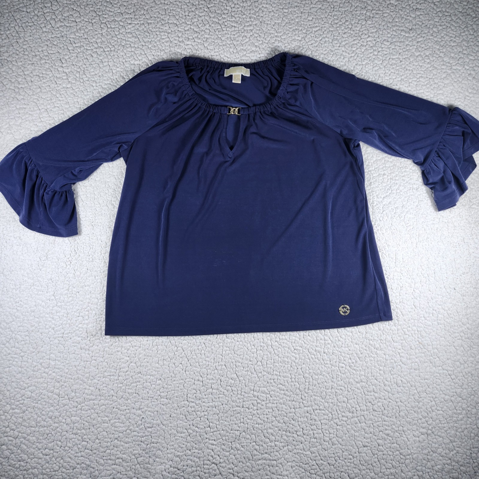 Michael Kors Women’s Large Navy Blue Ruffle Bell Sleeve Keyhole Blouse Top