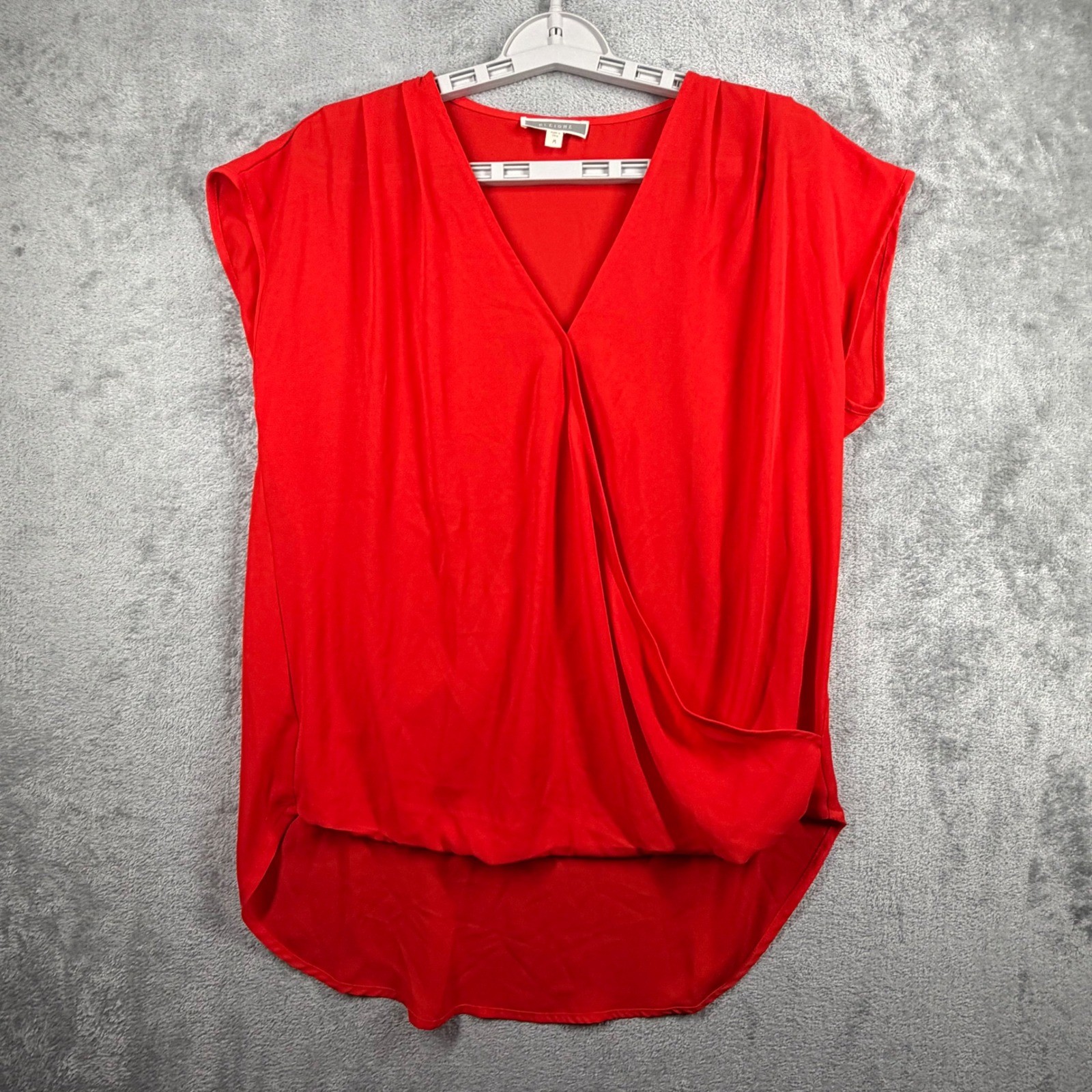 Pleione Red Faux Wrap Blouse Medium High Low Drape Top Minimalist Office Siren