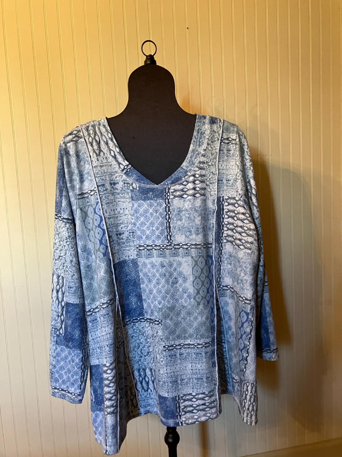 Cj Banks ~2X~Artsy Blue Patchwork Print~L/ SLV~Boho/Hippie Flared Knit Tunic Top