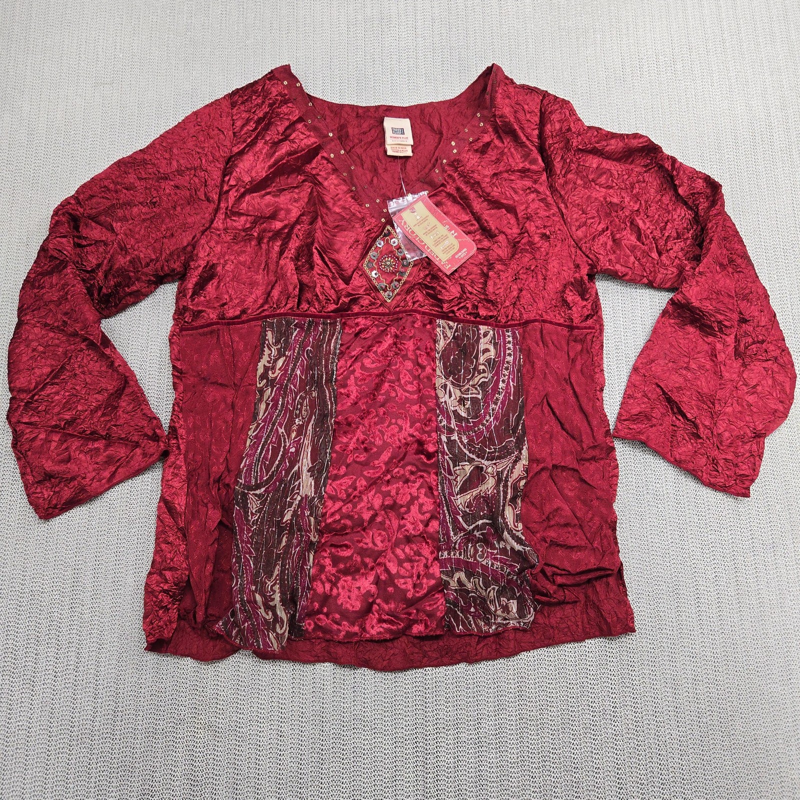 Faded Glory Shirt Womens Plus 18W 20W Red Boho Crinkle Tunic Blouse Embellished