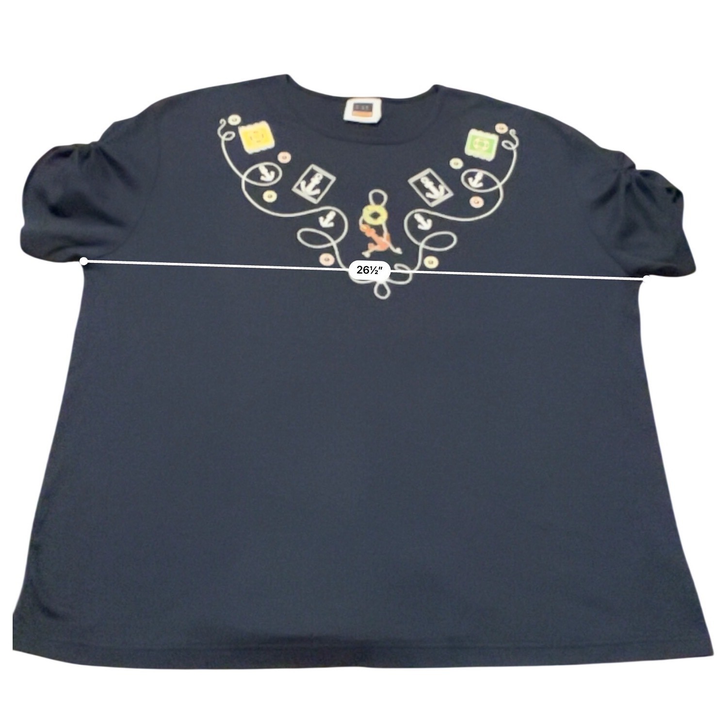 Vintage Wms 2X Midnight Blue Nautical Anchor Embroidered Puff Sleeve Top Coastal