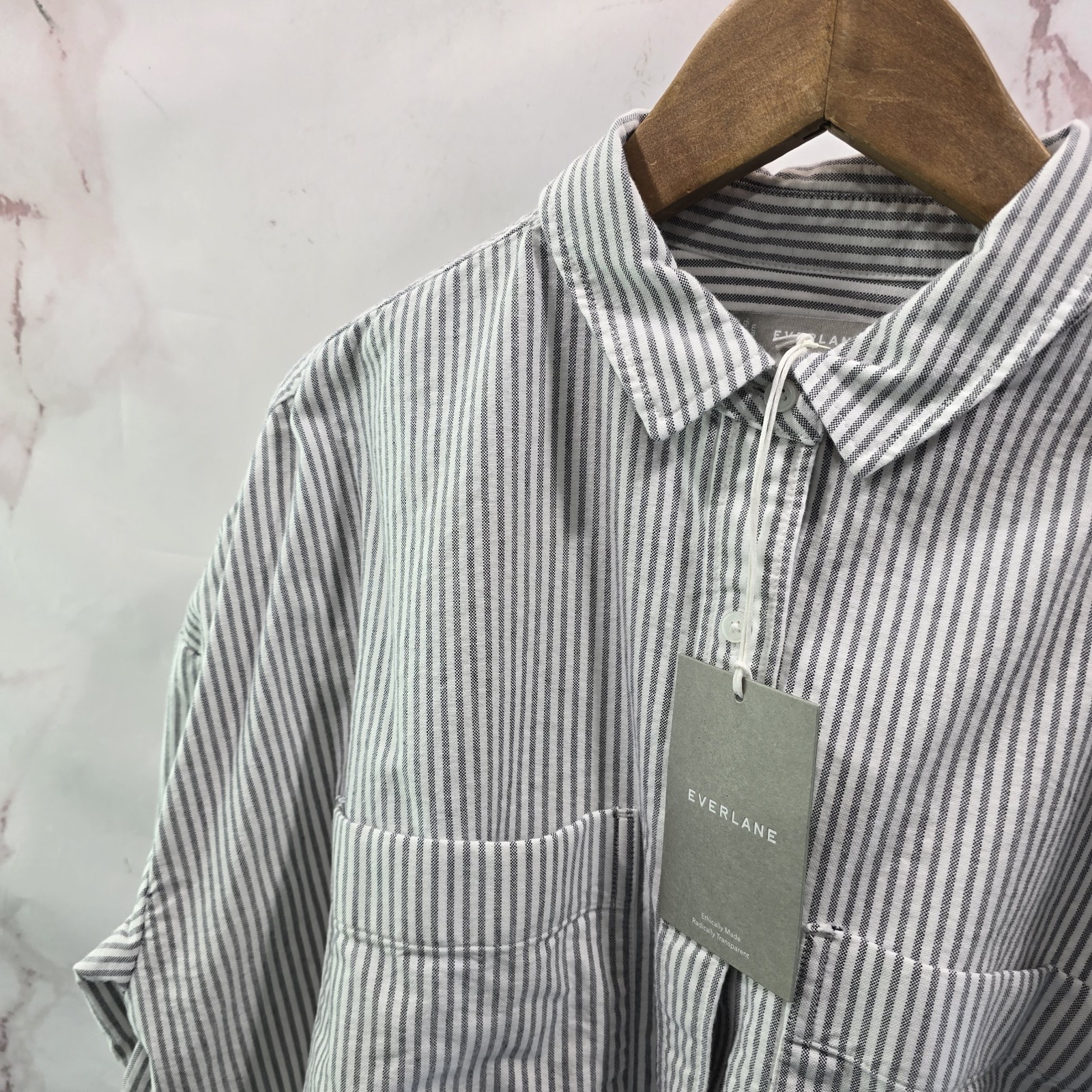 Everlane Shirt Womens Large White Black Gray Striped Button Boxy Oxford Pocket