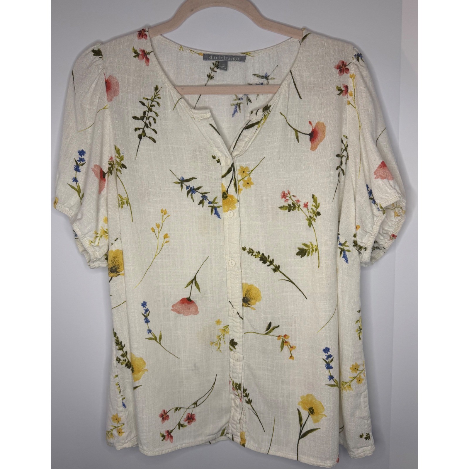 Daniel Rainn Floral Rayon Linen Blouse V-Neck Button Front Top Plus 1X Ivory