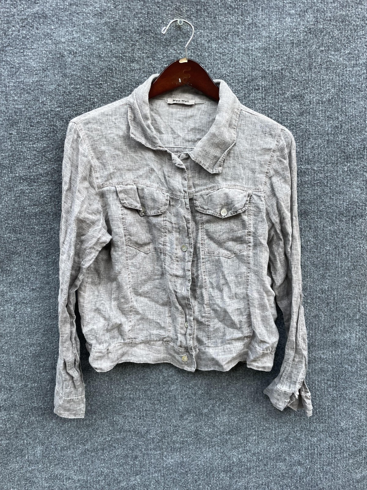 Meo Meli Shirt Womens Large Gray Linen Button Front Made in Italy Long Sleeve