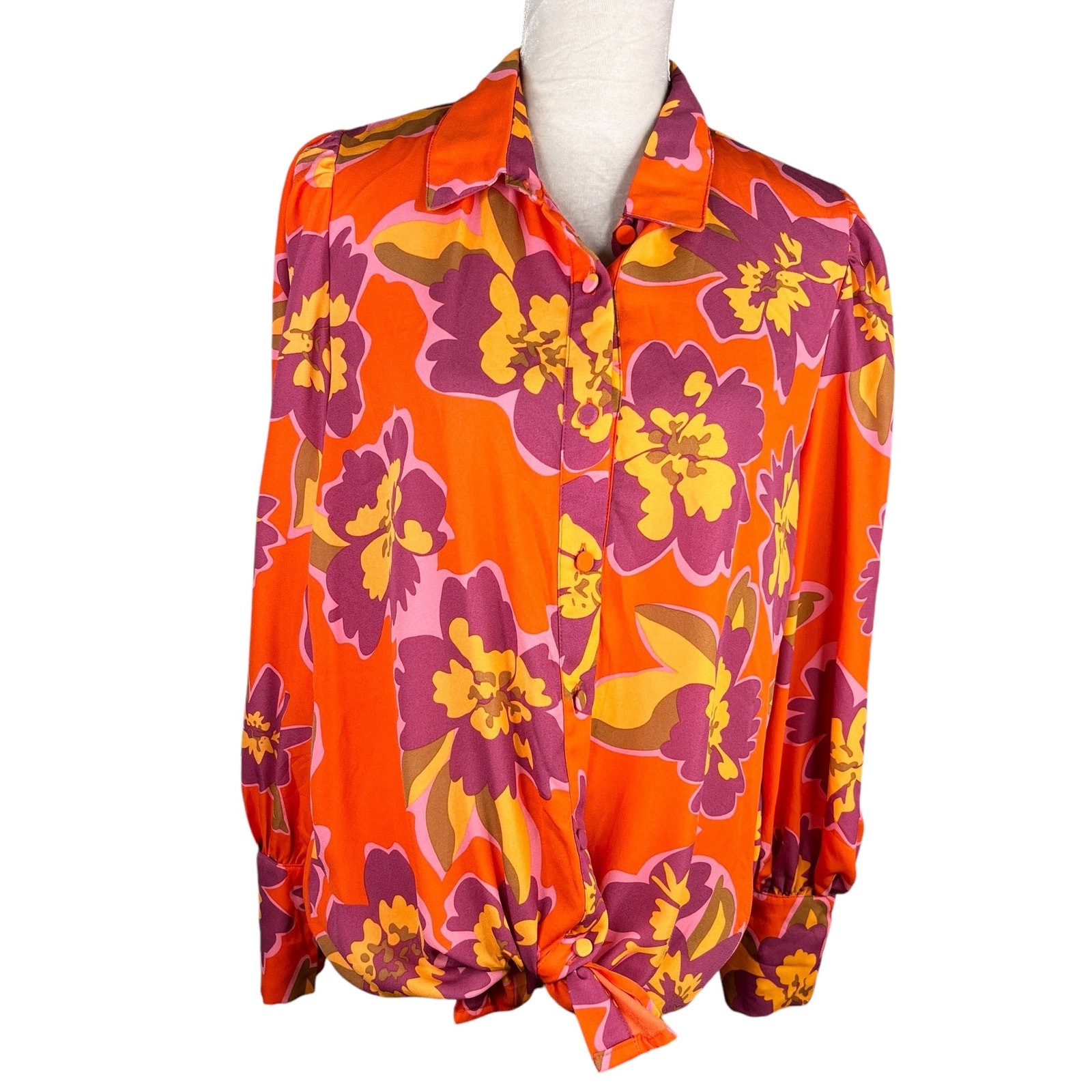 BTFBM Retro Button Down Large Shirt Top Bright Colors Lapel V Neck