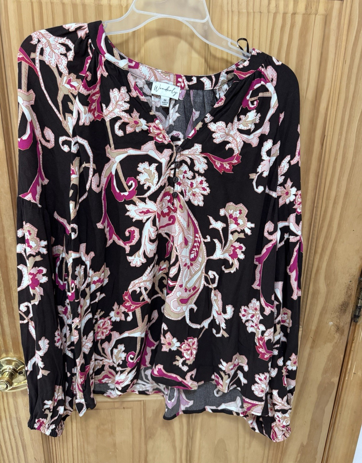 Wonderly Womens M Fall Brown and Pink White Floral Button-Up Long Sleeve